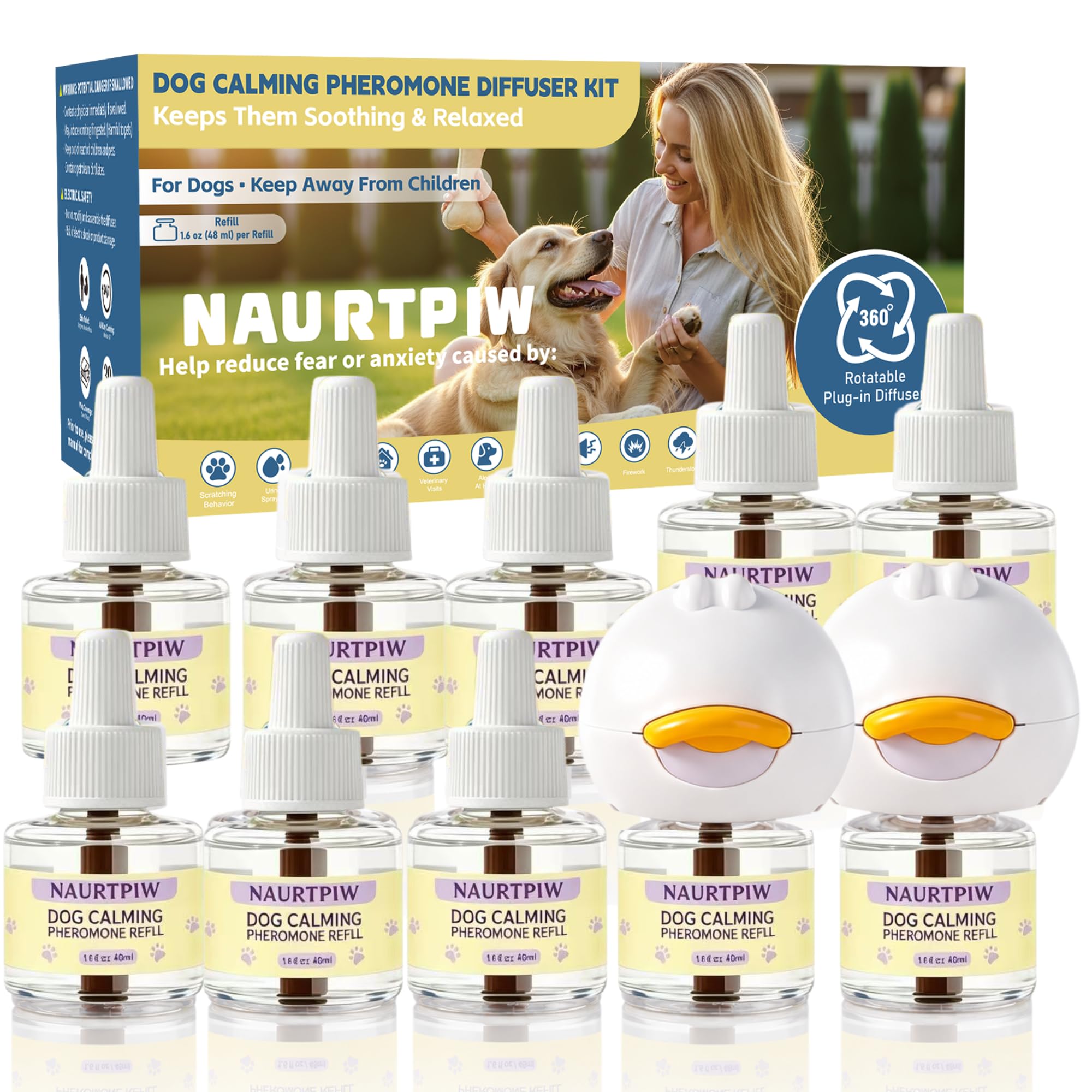 NAURTPIW Dog Pheromones Calming Diffuser Kit, 2 Plug-Ins, 8 Refills