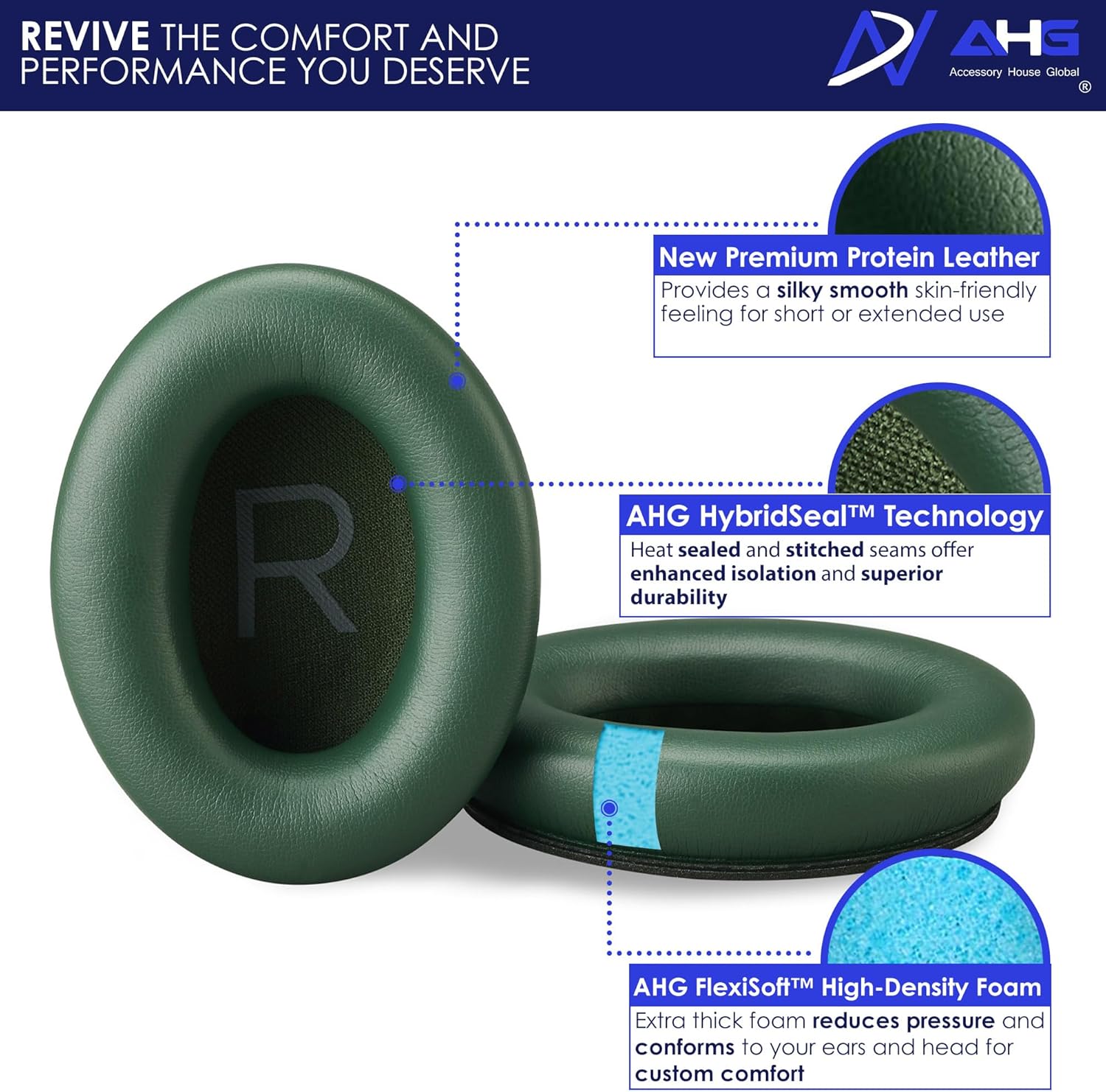 AHG QuietComfort Ear Pads Replacement Cushion Compatible with Bose QuietComfort (2023), QC45 QCSE QC35 QC35 II Noise Cancelling Headphones (Cypress Green). Extra Thick | Superior Comfort/Durability - Image 3