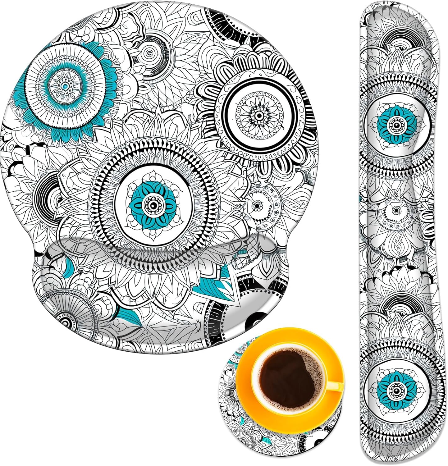 Keyboard Wrist Rest and Mouse Pad Wrist Support Set with Coasters,Non-Slip PU Base Ergonomic Gaming Mousepad for Home Office Working Studying Easy Typing & Pain Relief,Mandala Flowers