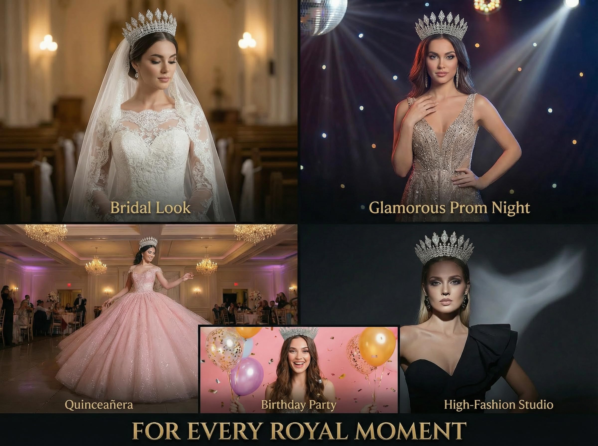 QXMYOO Tiaras de boda de lujo, corona redonda de circonita cúbica 5A para mujer, corona de princesa reina, diadema de cristal, accesorios grandes para el cabello de novia