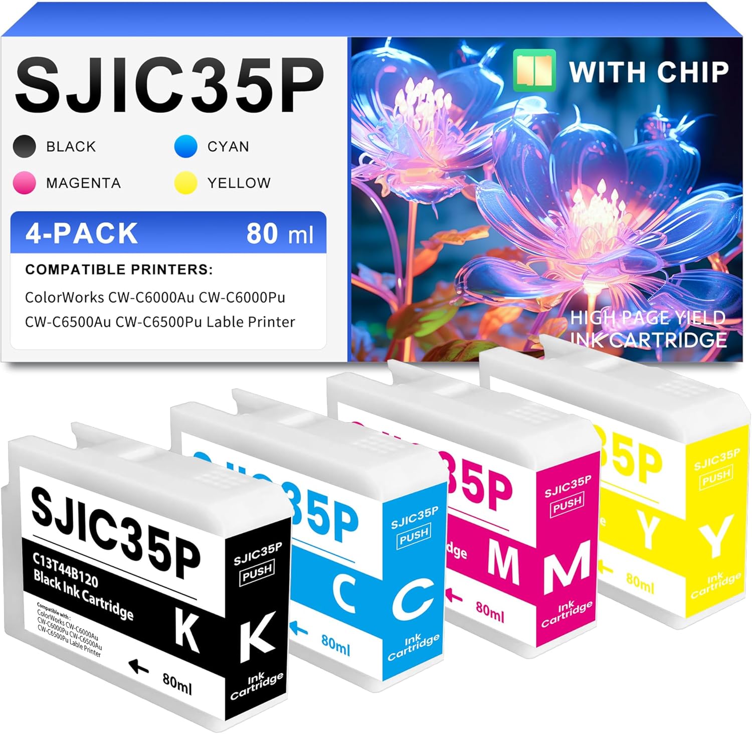 SJIC35P-BK SJIC35P-C SJIC35P-M SJIC35P-Y Ink Cartidges 4-Color Remanufactured Compatible for SJIC35P Ink for ColorWorks CW-C6000Au CW-C6000Pu CW-C6500Au CW-C6500Pu Printer (Black Cyan Magenta Yellow)