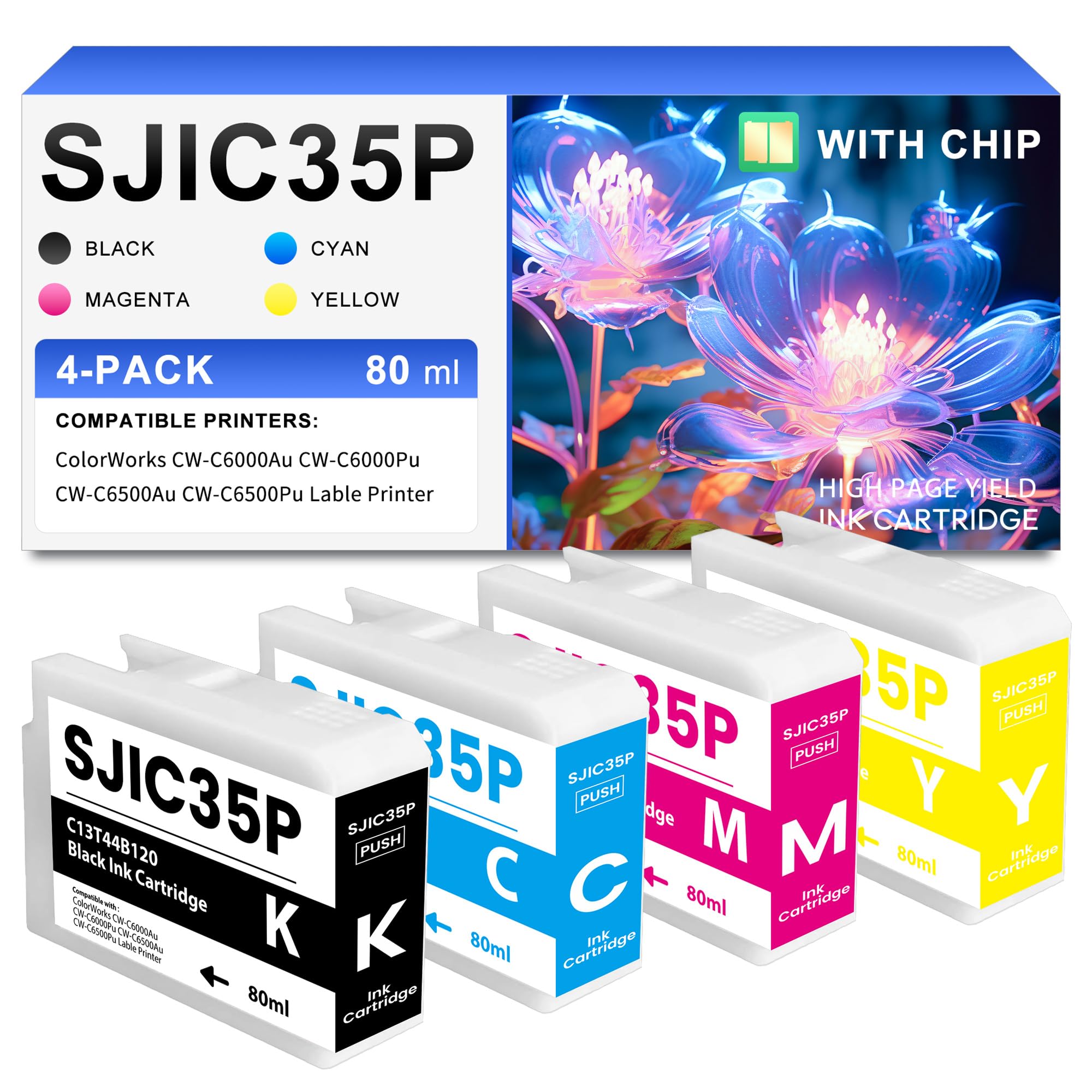 Photo 1 of SJIC35P-BK SJIC35P-C SJIC35P-M SJIC35P-Y Ink Cartidges 4-Color Remanufactured Compatible for SJIC35P Ink for ColorWorks CW-C6000Au CW-C6000Pu CW-C6500Au CW-C6500Pu Printer (Black Cyan Magenta Yellow)