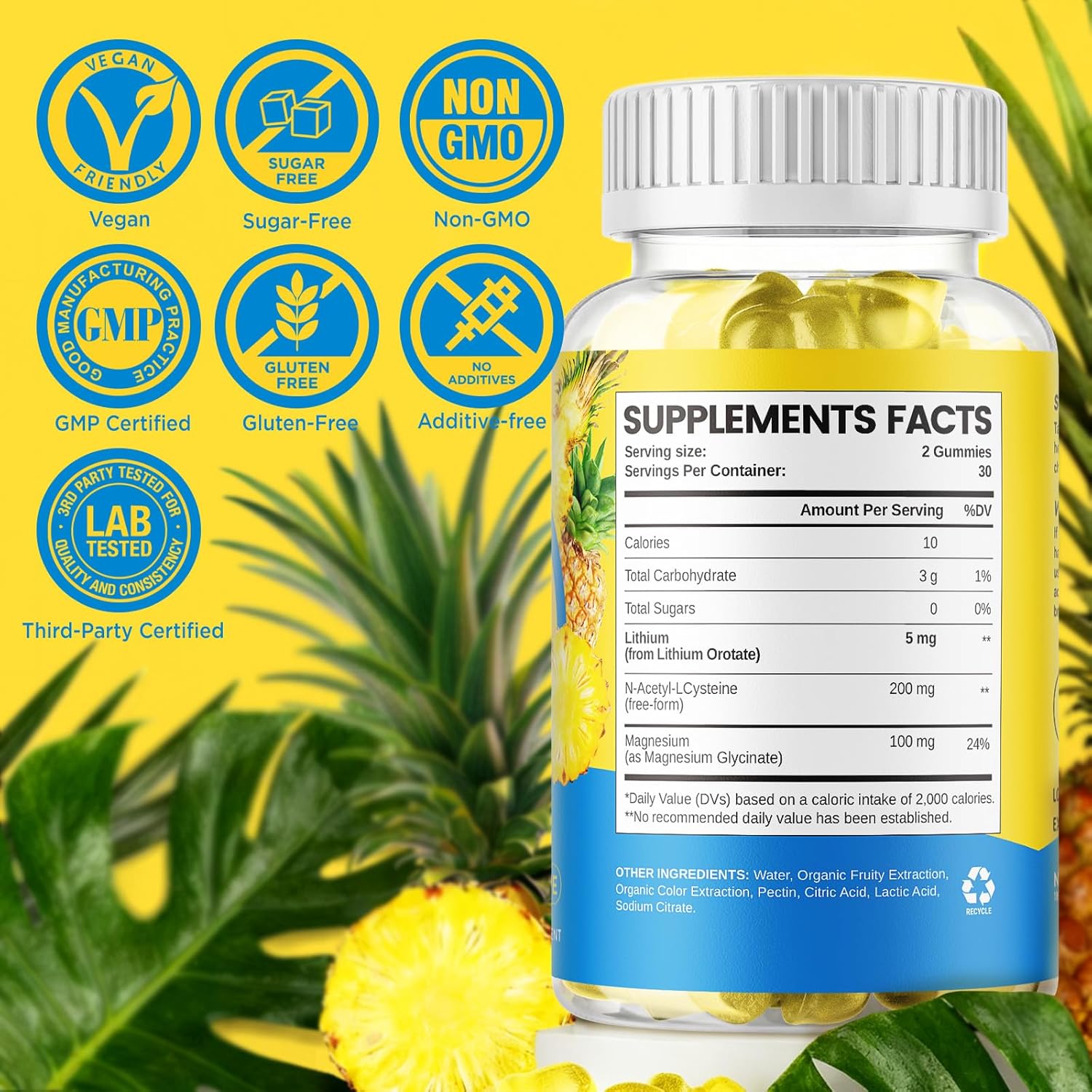 Lithium Orotate Gummies 5mg, Low Dose Lithium Supplements with Magnesium & NAC for Mood & Stress Relief, Gentle & Highly Absorbable, Sugar Free, Vegan, Pectin, Pineapple, 60 Chews - Image 8