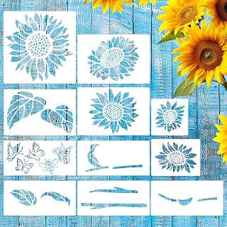 11 PCS Large Sunflower Flower Butterfly Stencils for Painting Plastic Reusable Flower Stencil Templates for Garden Fence Wood Furniture Wall Mural Fabric