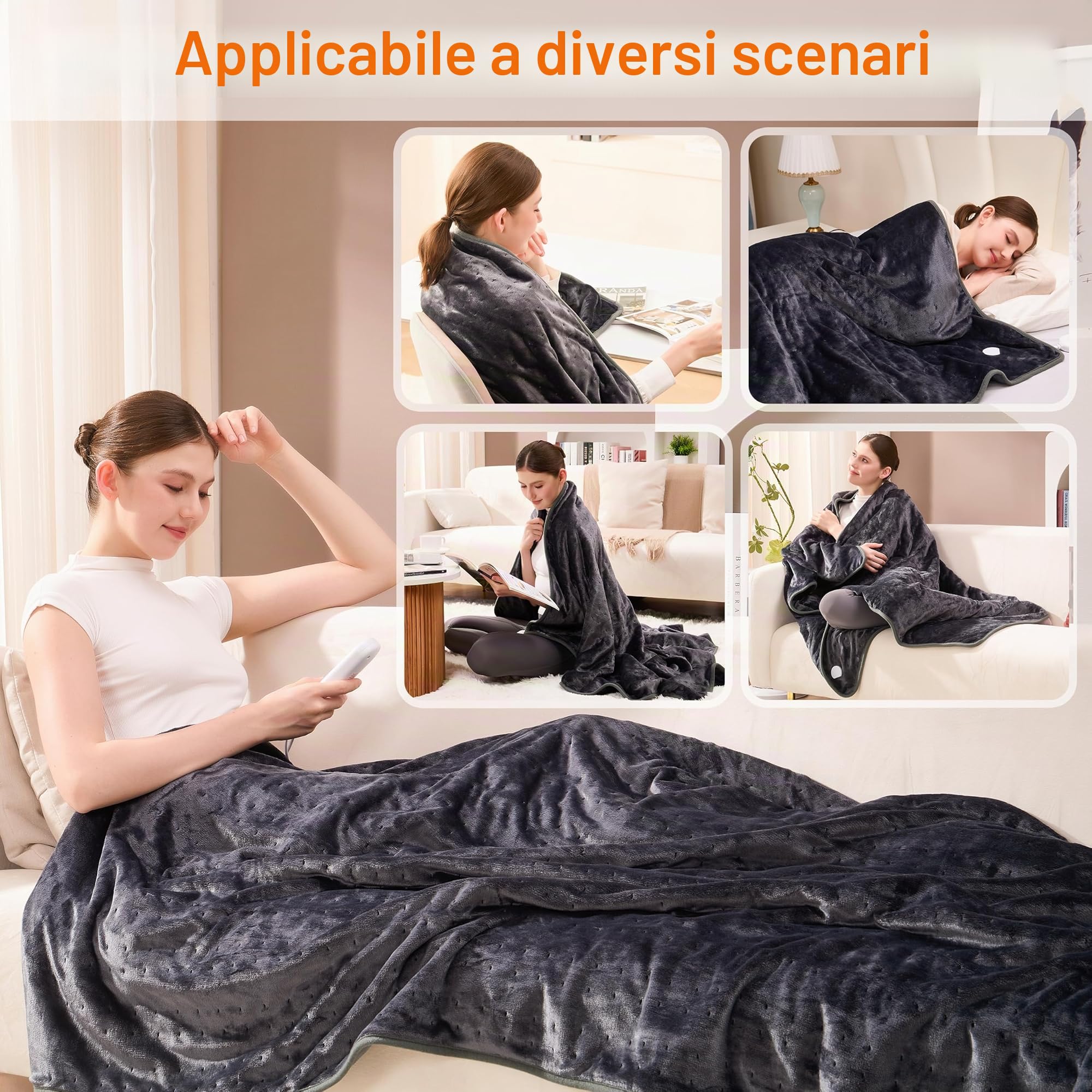 Coperta Elettrica in Flanella Morbida, Protezione da Surriscaldamento, Plaid Riscaldante Lavabile in Lavatrice con Timer 12 Ore e 6 Livelli di Calore(Grigio scuro, 160×120cm)