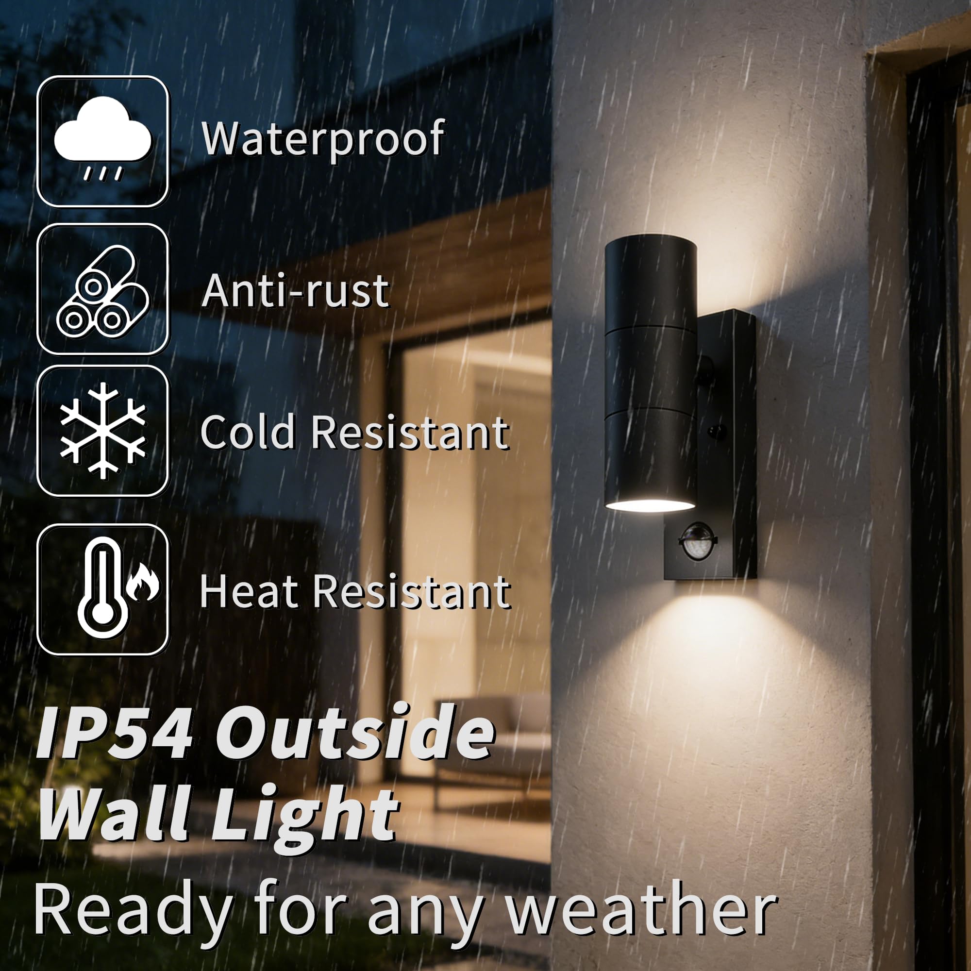 PIR Außenlampe mit Bewegungsmelder Up and Down 230V GU10 | Edelstahl Wandlampe Aussen mit 4×5W GU10 Glühbirne(3000 K),IP54 Wasserdichte LED Aussenleuchten Hauswand,2Stück-Schwarz