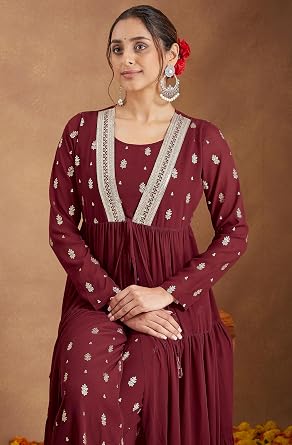 Janasya Women's Georgette Embellished Gold Printed Front-open Tiered Kurta Pant Set