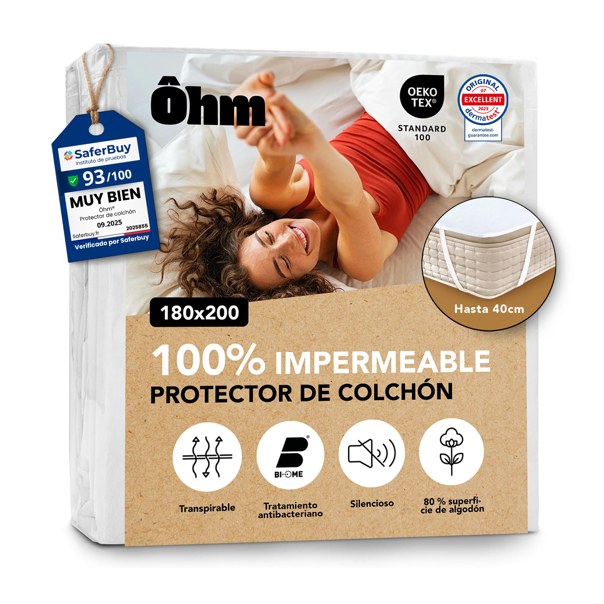 Protector colchón 180x200 impermeable algodón elástico antiácaros