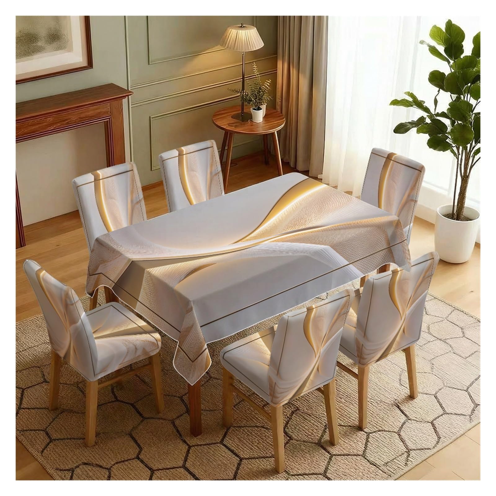 KXUAUV White Gold Abstract Wave Line Print Stretch Dining Chair Slipcover & Tablecloth Set, Modern Luxury Minimalist Dining Decor, 5/7 Pack Party Decor(7pcs Set: Tablecloth+Chair Covers)