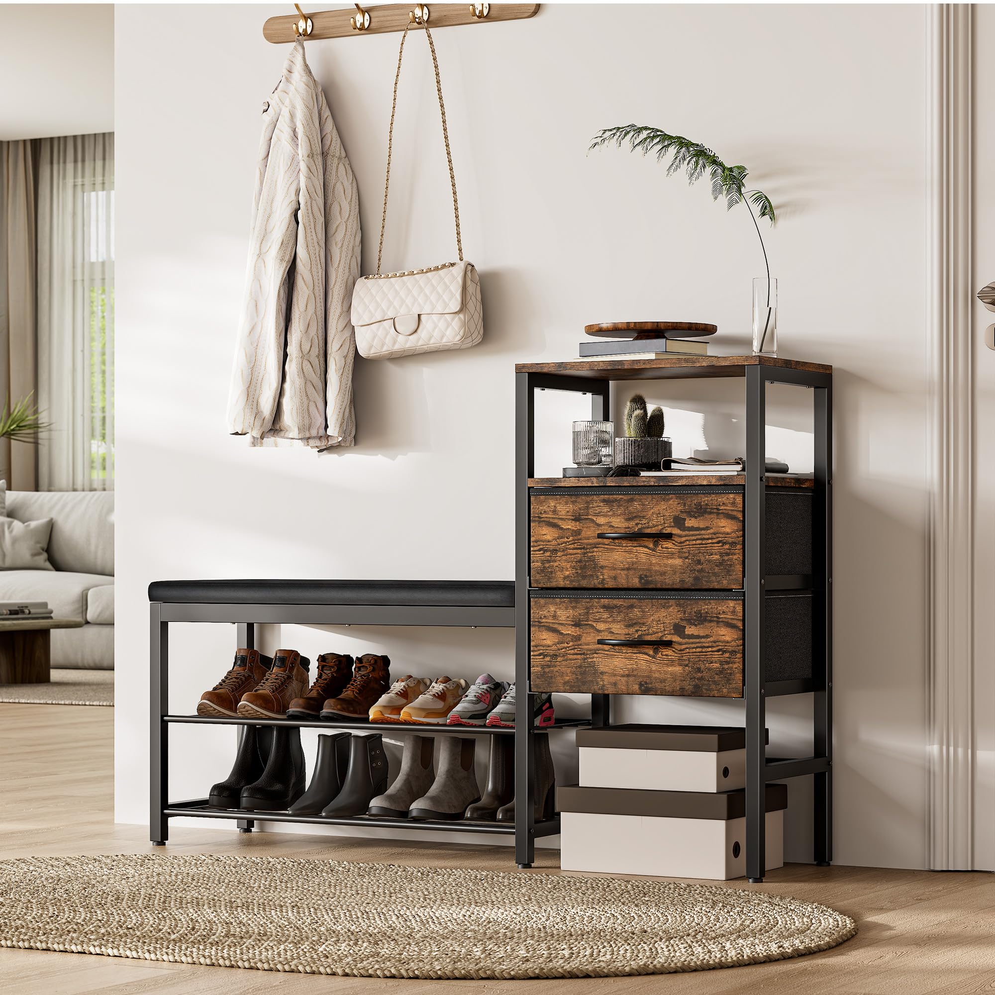 Gyfimoie Schuhschrank mit Sitzgelegenheit und Schublade, 2 Ebenen Schuhregal, Metallrahmen für Eingang Flur