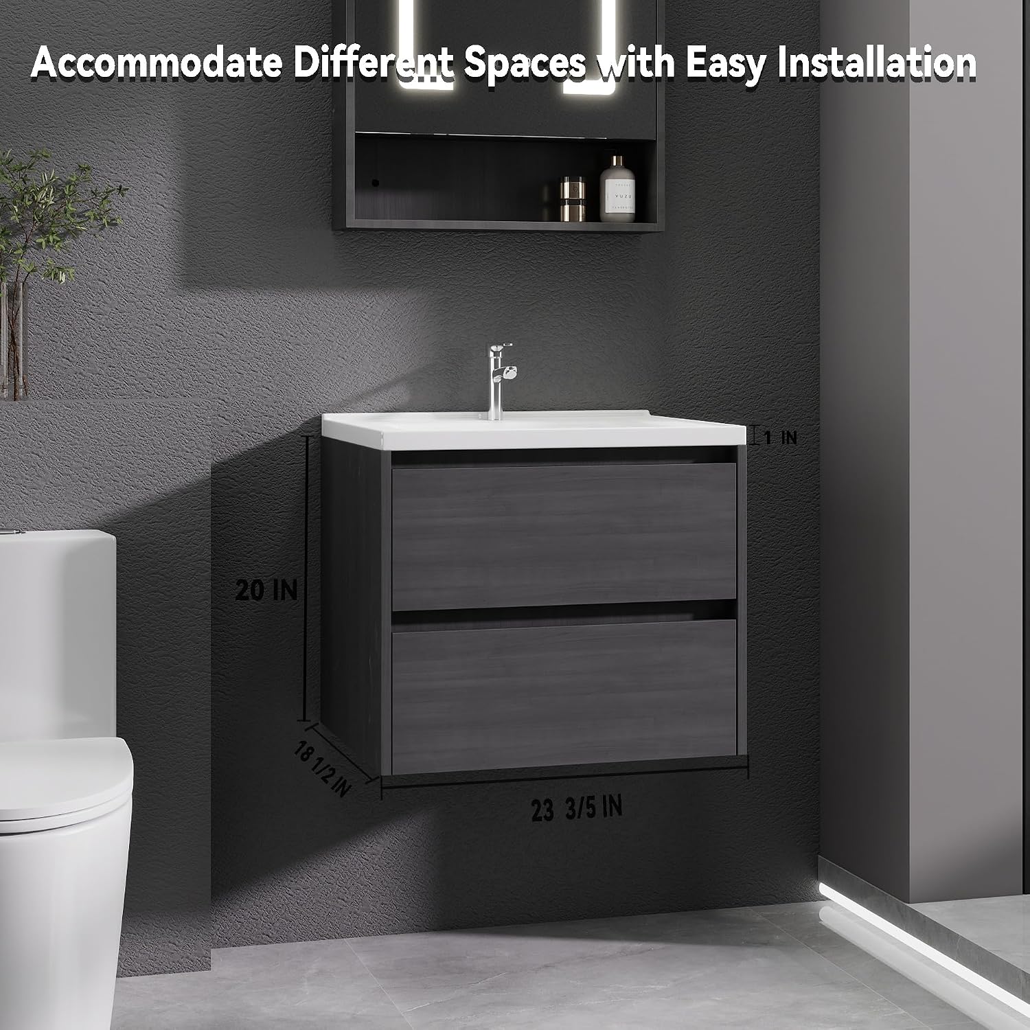 24 Inches Bathroom Vanity with Sink, Wall Mounted Floating Cabinets w/Double Drawers, Grey Plywood Sink Combo Set (Grey, 24")