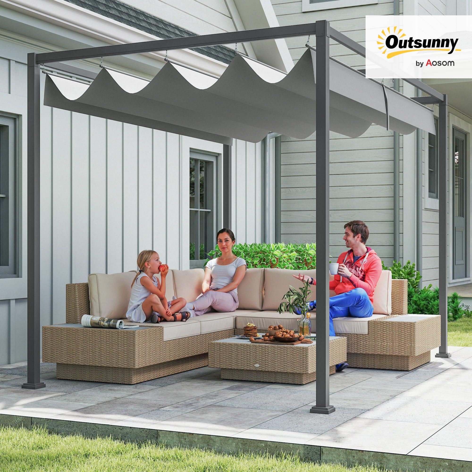 Outsunny Gazebo Pergola 3x2 m con Tettuccio Retrattile, Drenaggio, Picchetti e Viti, Poliestere e Metallo, Grigio