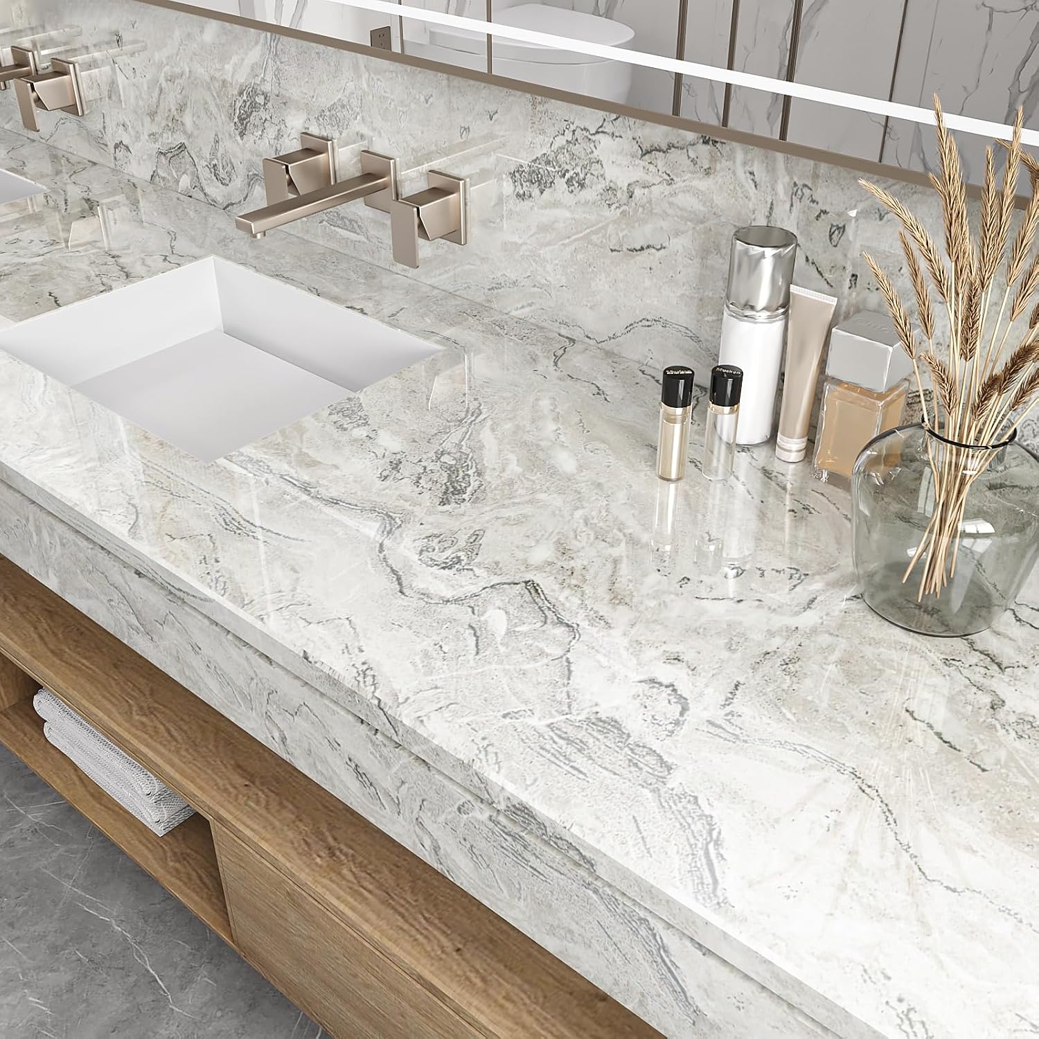 VEELIKE Glossy Silver Beige Marble Contact Paper for Countertops Marble Kitchen Countertop Peel and Stick Waterproof 15.7''x118'' Marble Wallpaper Adhesive Countertop Vinyl for Bathroom Table Desk