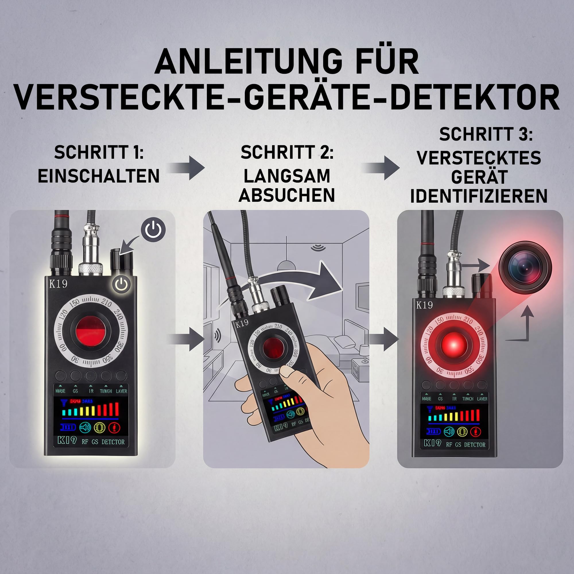 Wanzen Detektor Anti-Spy mit eBook Vollständiger Leitfaden – RF Scanner für Versteckte Kamera, GPS Tracker & Abhörgeräte, Signal Detektor Portabel für Hotel Büro Zuhause Datenschutz