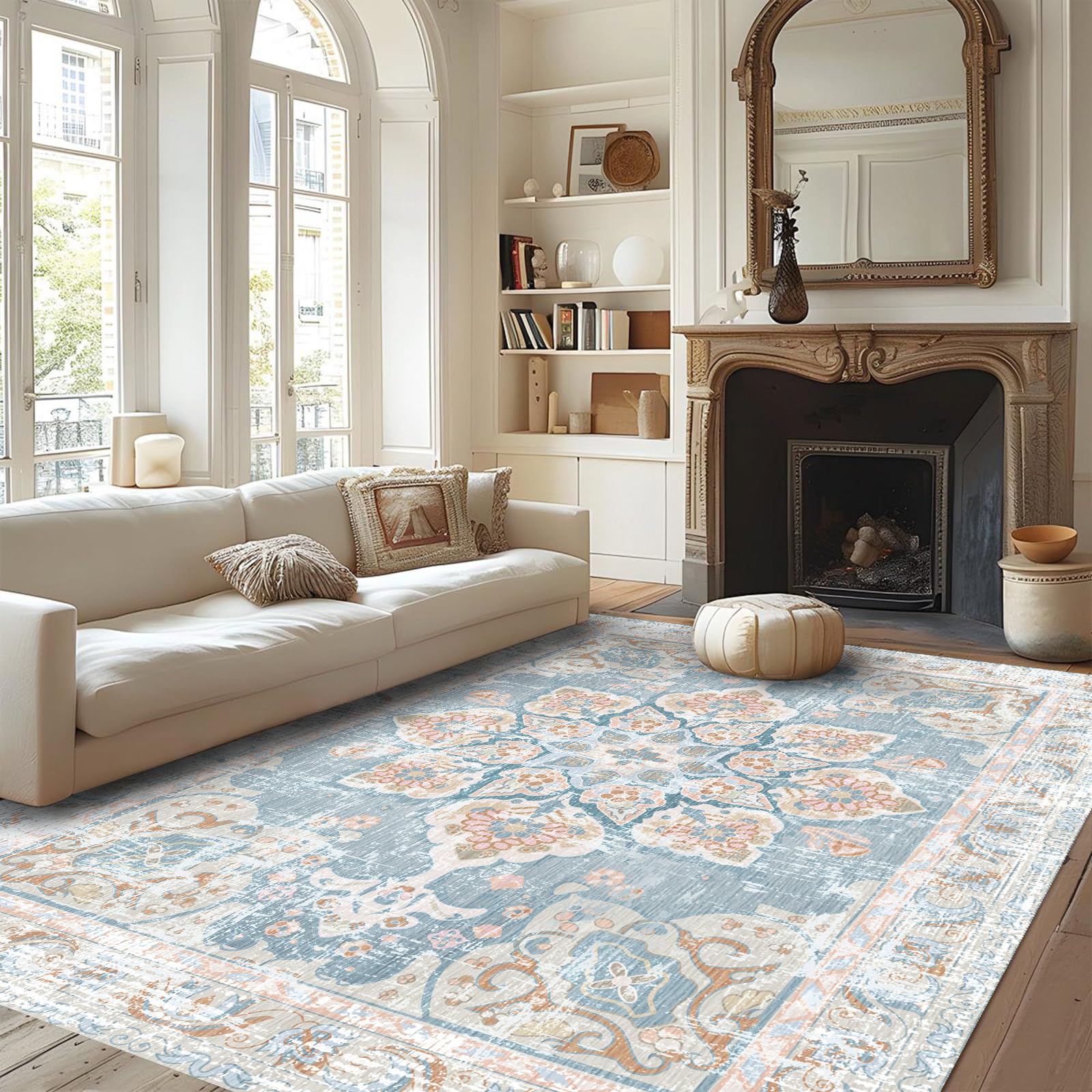 Vhong Washable Area Rugs Boho Vintage Neutral Modern Pale Blue 6x9 Non Slip Carpet for Living Room Dining Room Bedroom