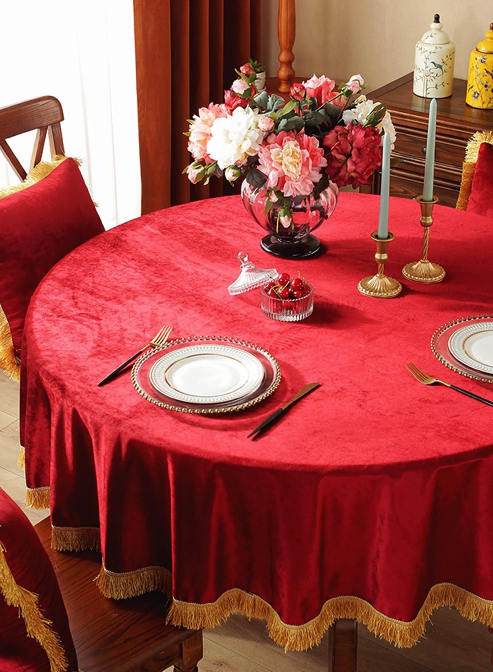 Runde Tischdecke Rot 160 cm, Polyester Einfarbig mit Quaste, Tischdecke für Esszimmer