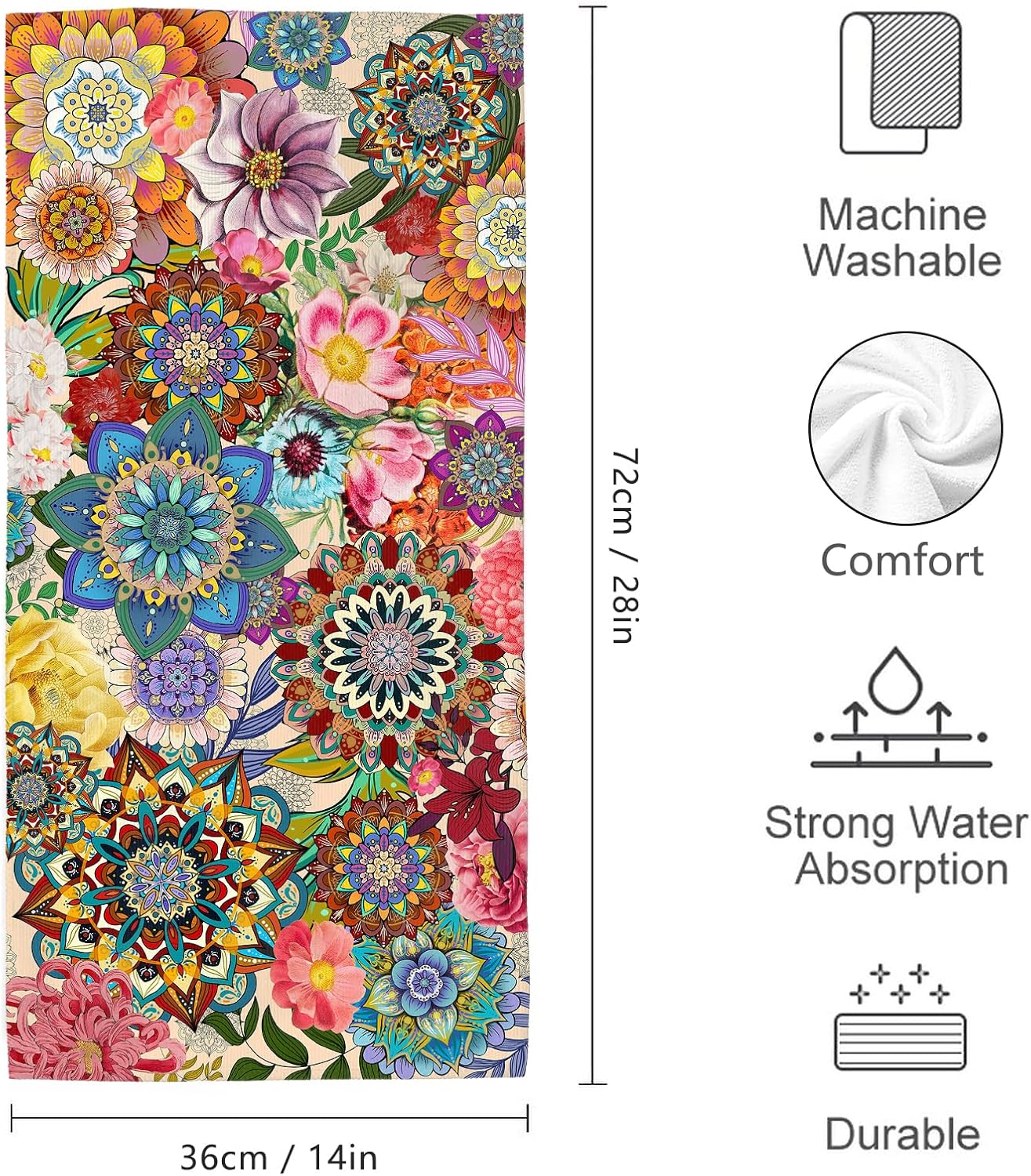Boho Floral Bathroom Towels Decorative Set of 2 Soft Absorbent Colorful Flowers Bath Hand Towels for Bathroom Decor Home Farmhouse Gym Yoga Spa 14"x28" - Image 2