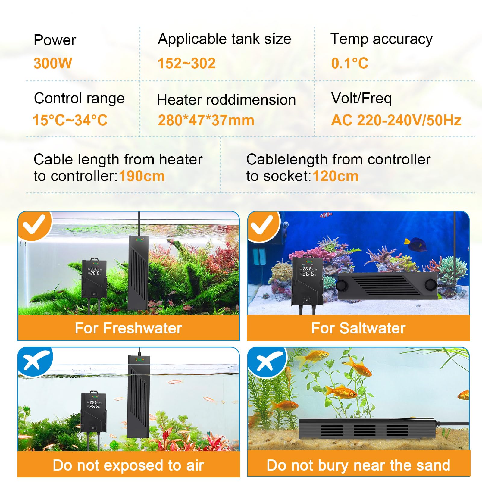 Hygger Sumergible Calentador de Acuario,Calentador de Pecera con Digital Pantalla,300W Adjustable Termostato de Calentador Fish Tank Heater para Tanque de Agua Dulce de 152-302L