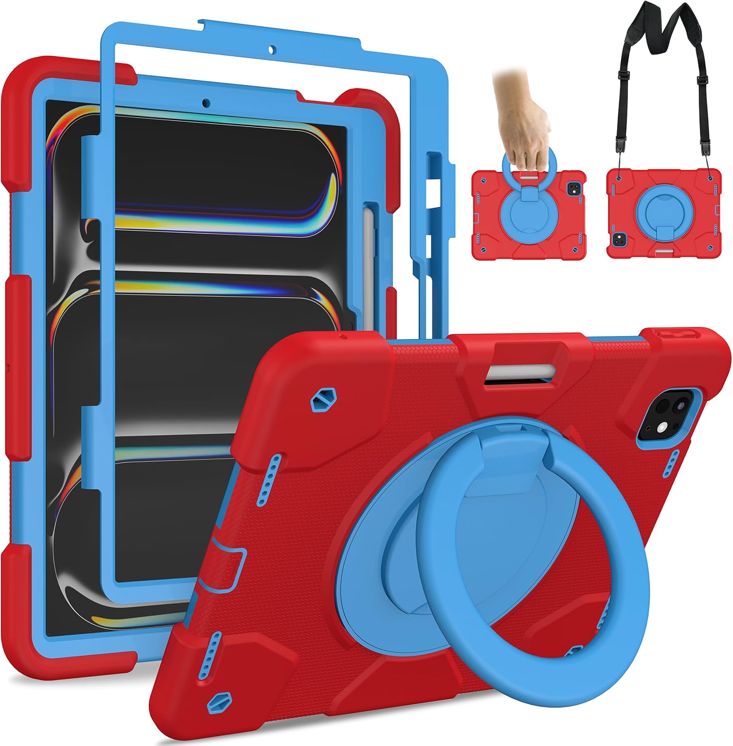 Andnary Case for iPad Pro 11 Inch M4 2024/M5 2025 Case, Heavy Duty Shockproof Cover with Screen Protector/360° Rotate Stand/Shoulder Strap/Pencil Holde (Colorful Purple, iPad Pro M4/M5 11 inch)