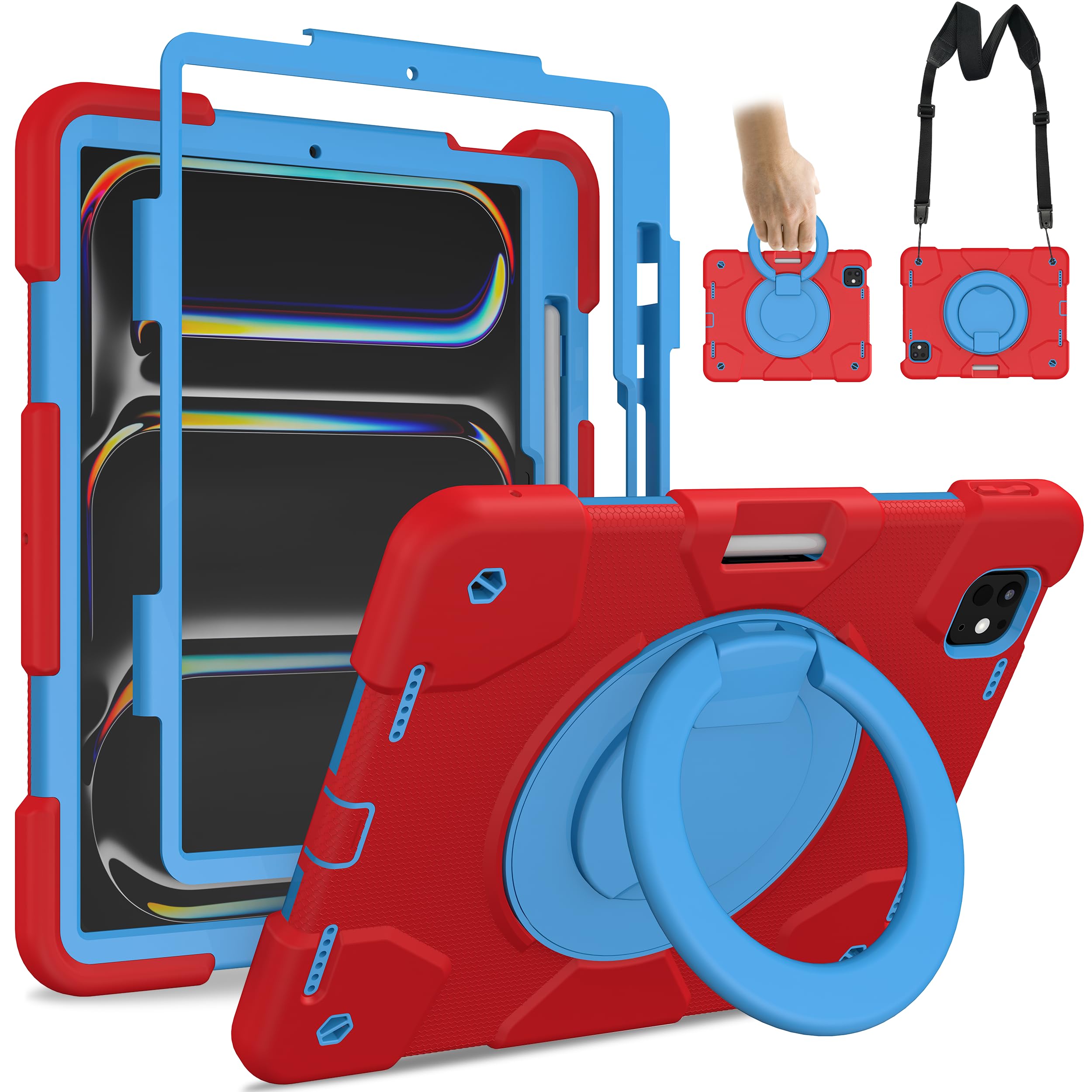 Andnary Case for iPad Pro 11 Inch M4 2024/M5 2025 Case, Heavy Duty Shockproof Cover with Screen Protector/360° Rotate Stand/Shoulder Strap/Pencil