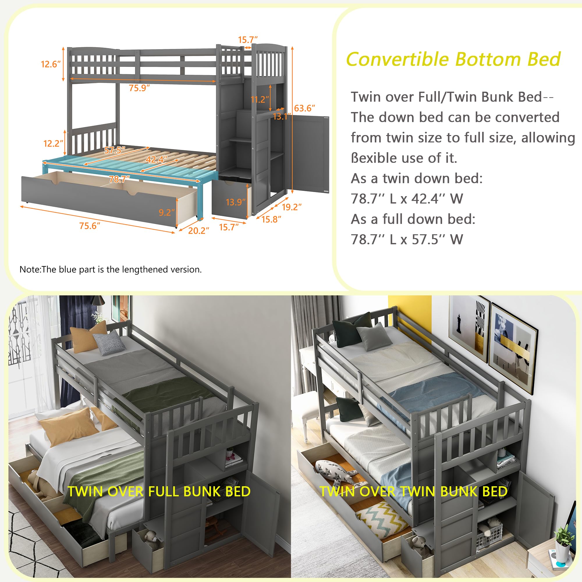 Polibi Twin Over Full/Twin Stairway Bunk Bed, Solid Wood Bunk Bed with Storage Shelves and Two Large Drawers, Convertible Bottom Bed from Twin to Full Size, Grey