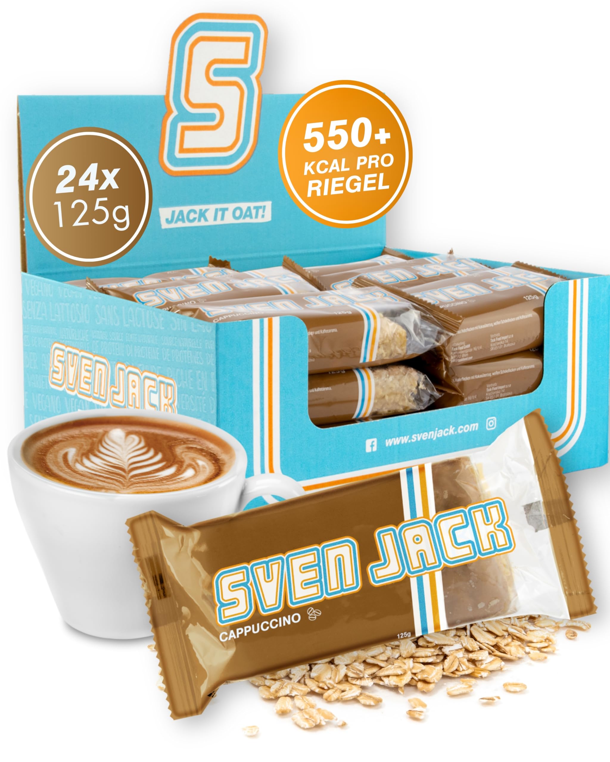 Sven Jack (Energy Cake) Haferriegel Cappuccino 24x 125g I Haferflocken Energieriegel mit Cappuccino & weißer Schokolade I Veganer Haferriegel I Langkettige Kohlenhydrate & wenig Zucker I Müsliriegel