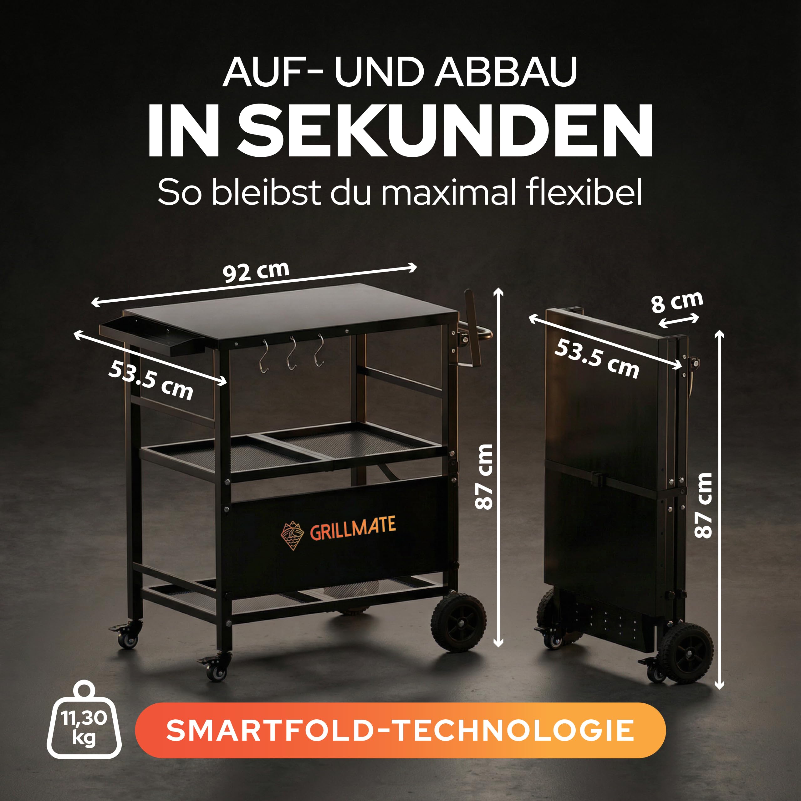 GRILLMATE Tavolo da barbecue per esterni, resistente alle intemperie, pieghevole, carrello per barbecue, barbecue a gas, forno per pizza, tavolino per balcone, resistente alla ruggine, portatile