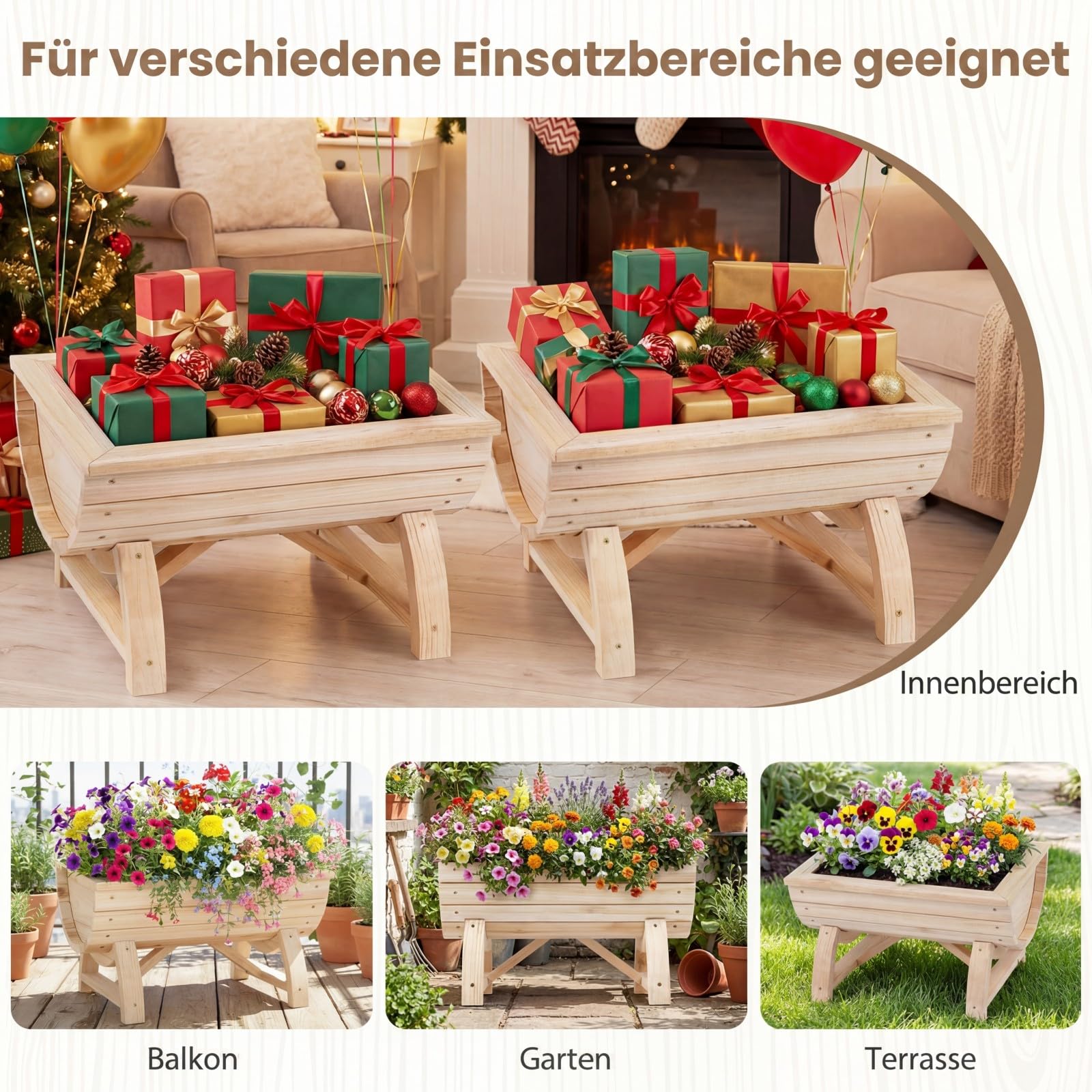 COSTWAY 2er Set Blumenkasten, Hochbeet aus Holz, halbes Blumenfass, Pflanzkasten mit Entwässerungsloch & Beinen, Pflanzfass Blumentopf Tannenholz, Gartendeko Outdoor, 39 x 30 x 24 cm, Natur