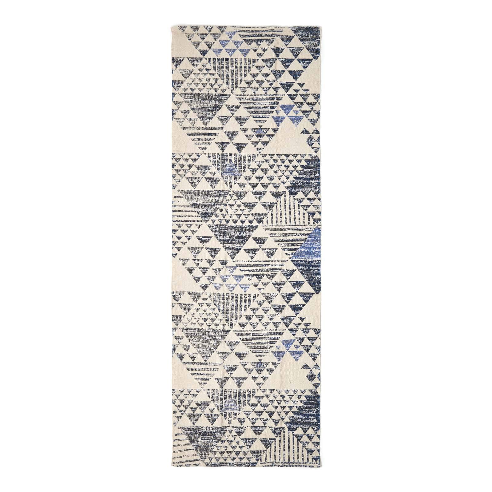 HOMESCAPES - Tapis en Coton à imprimé géométrique Bleu, Fabrication Artisanale - Delphi - 66 x 200 cm