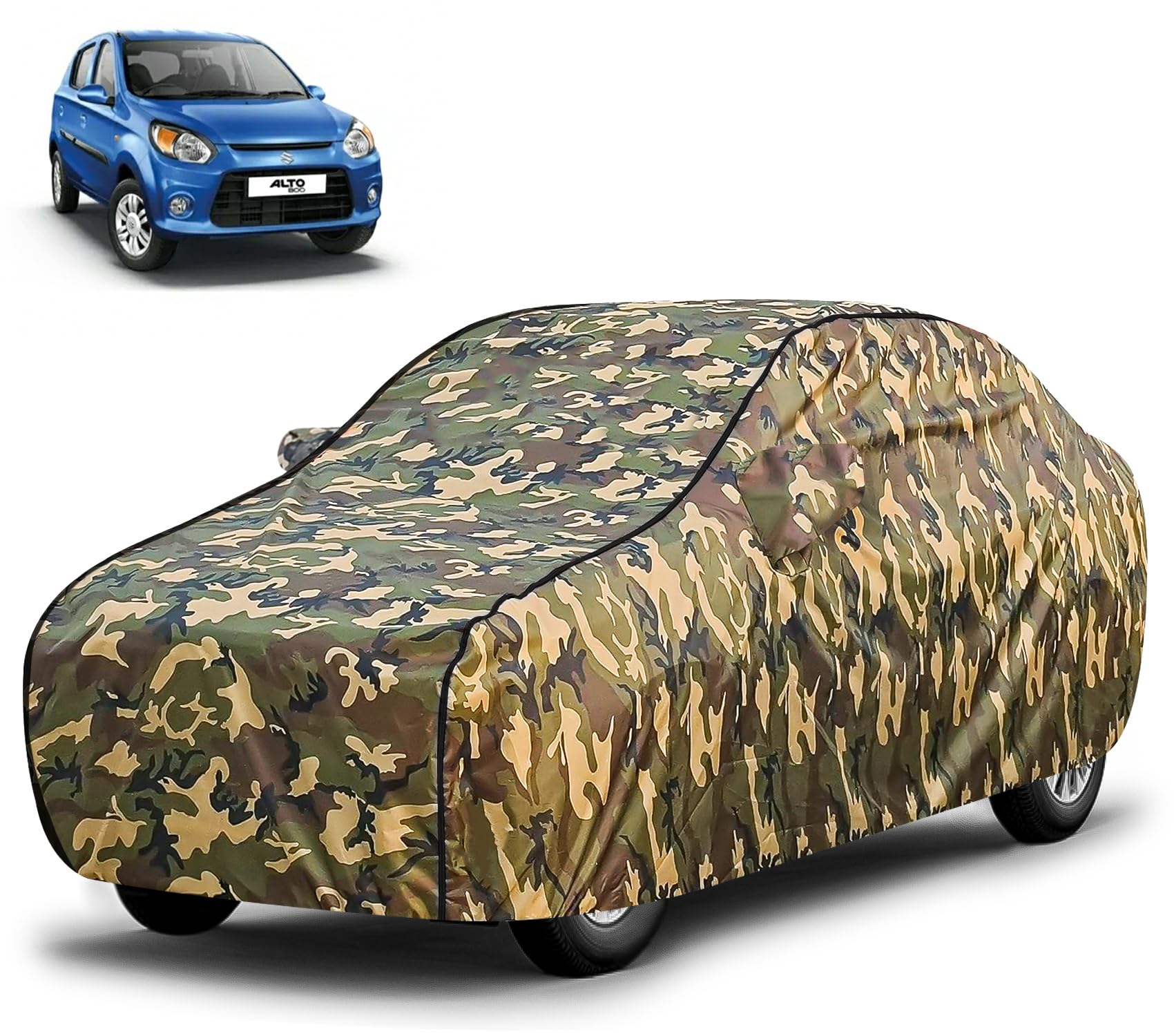 FABTEC Waterproof Car Body Cover for Maruti Alto 800 with Mirror Pocket, Triple Stitched (Military, Jungle Print, Camouflage Design)