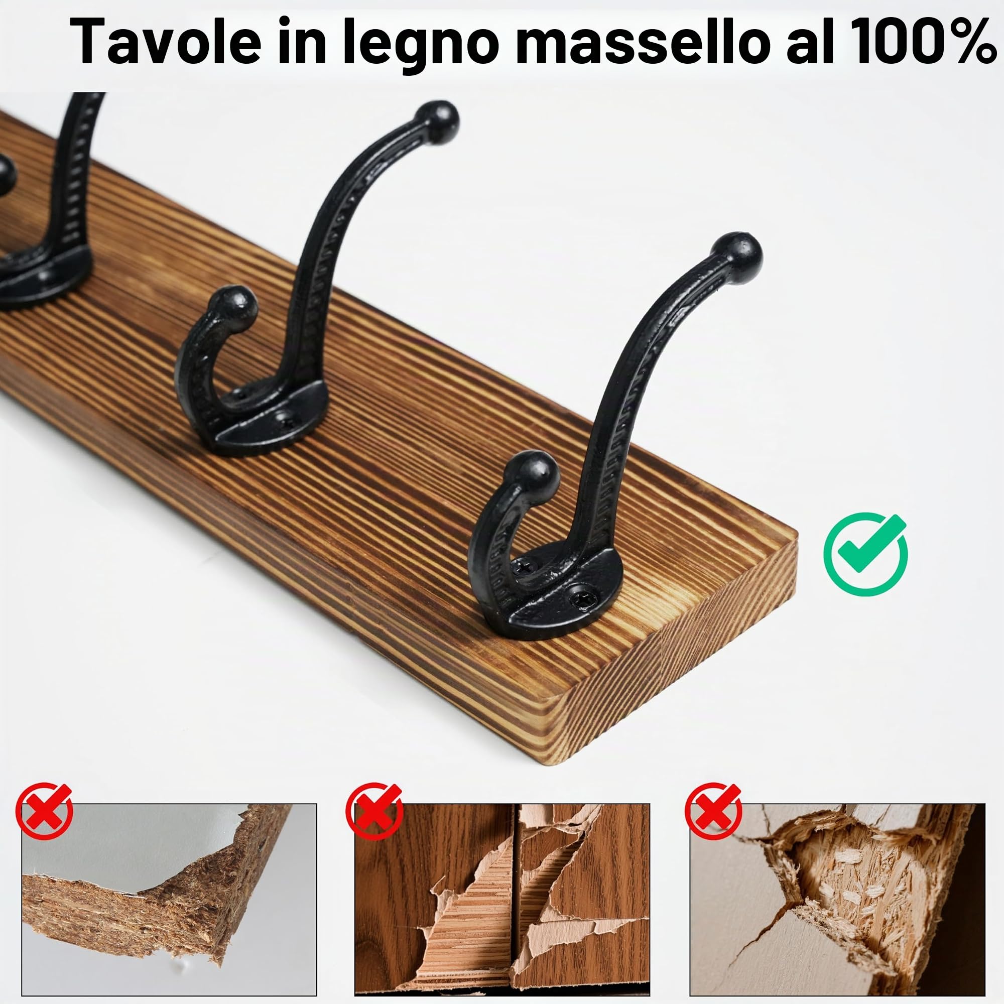 WEBI Appendiabiti da Parete,5 Ganci In Ghisa,Attaccapanni da Muro,Appendiabiti da Muro Legno,Appendino da Muro per Cappotto,Giacche,Marrone