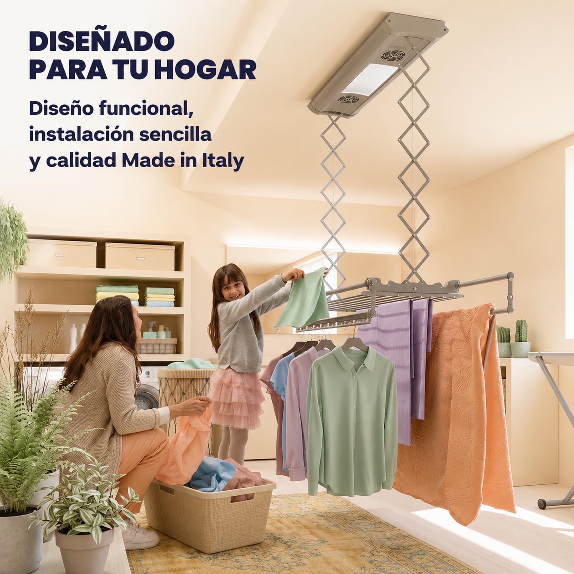 foxydry Air, tendedero eléctrico de Techo, con Mando, 122 cm | ahorra espacio, de aluminio, motorizado, extensible, apto para sábanas, soporta 35 kg, gris