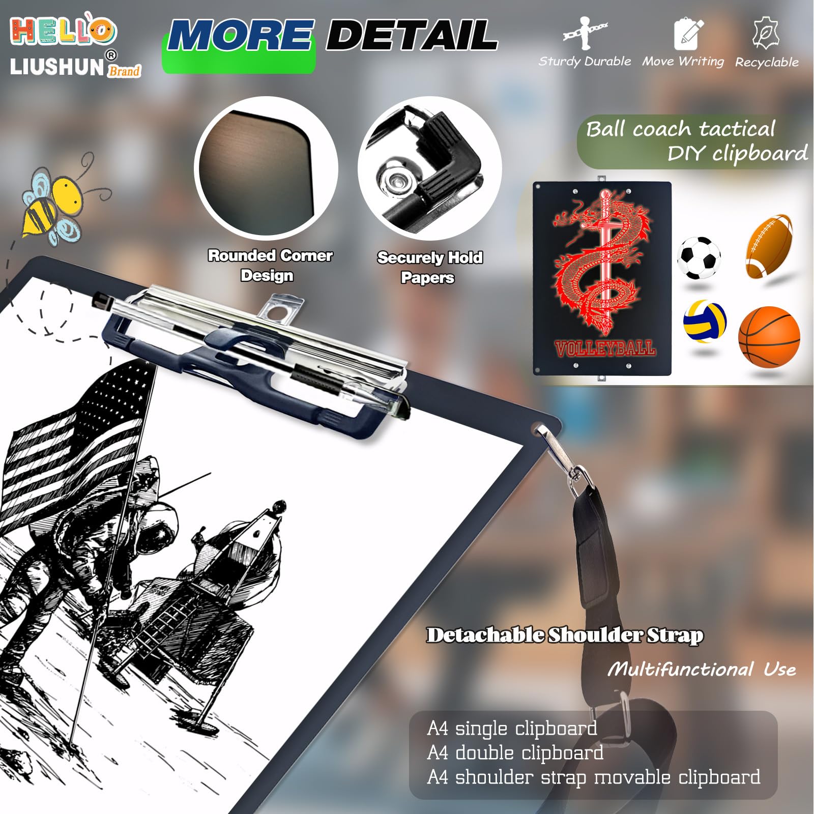 Portapapeles de metal de aluminio con correa de hombro ajustable desmontable A4, tablero de doble clip de acero inoxidable para colgar con soporte para bolígrafo, letra de 9 x 12.6 pulgadas, para