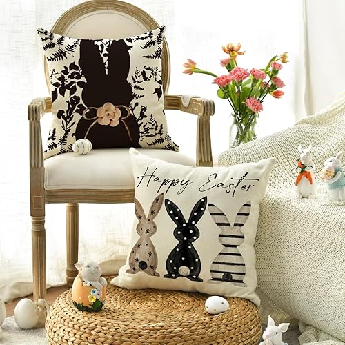Miniatura 3 de AVOIN colorlife Juego de 4 fundas de almohada negras de 18 x 18 pulgadas con diseño de huevos de conejo Happy Easter Be Hoppy Rabbit Eggs
