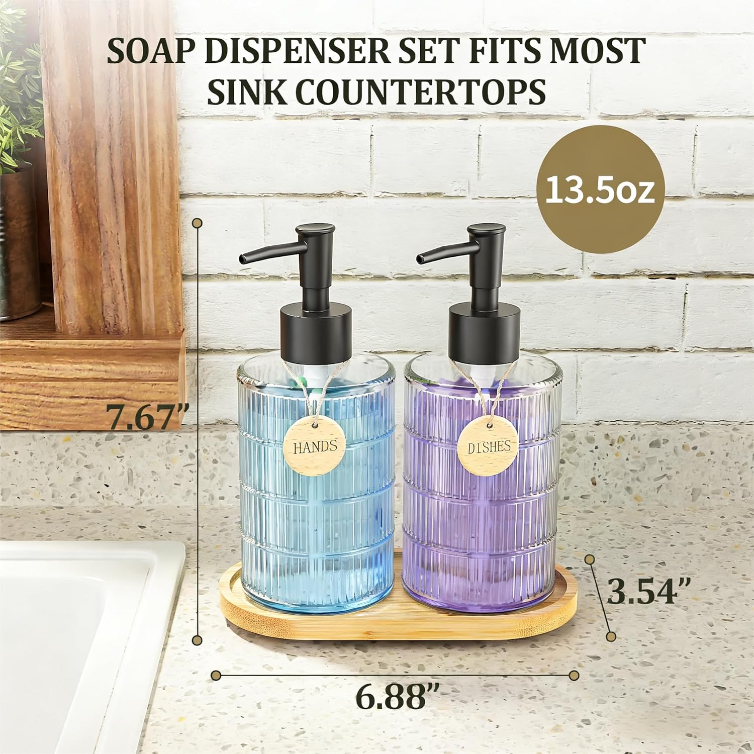 MASADI Soap Dispenser Set with Bamboo Tray, Dish and Hand Soap Lotion Dispenser Set with Wooden Pump for Kitchen and Bathroom Decor for Counter, Modern Vintage Liquid Soap Dispensers (Clear) - Image 3