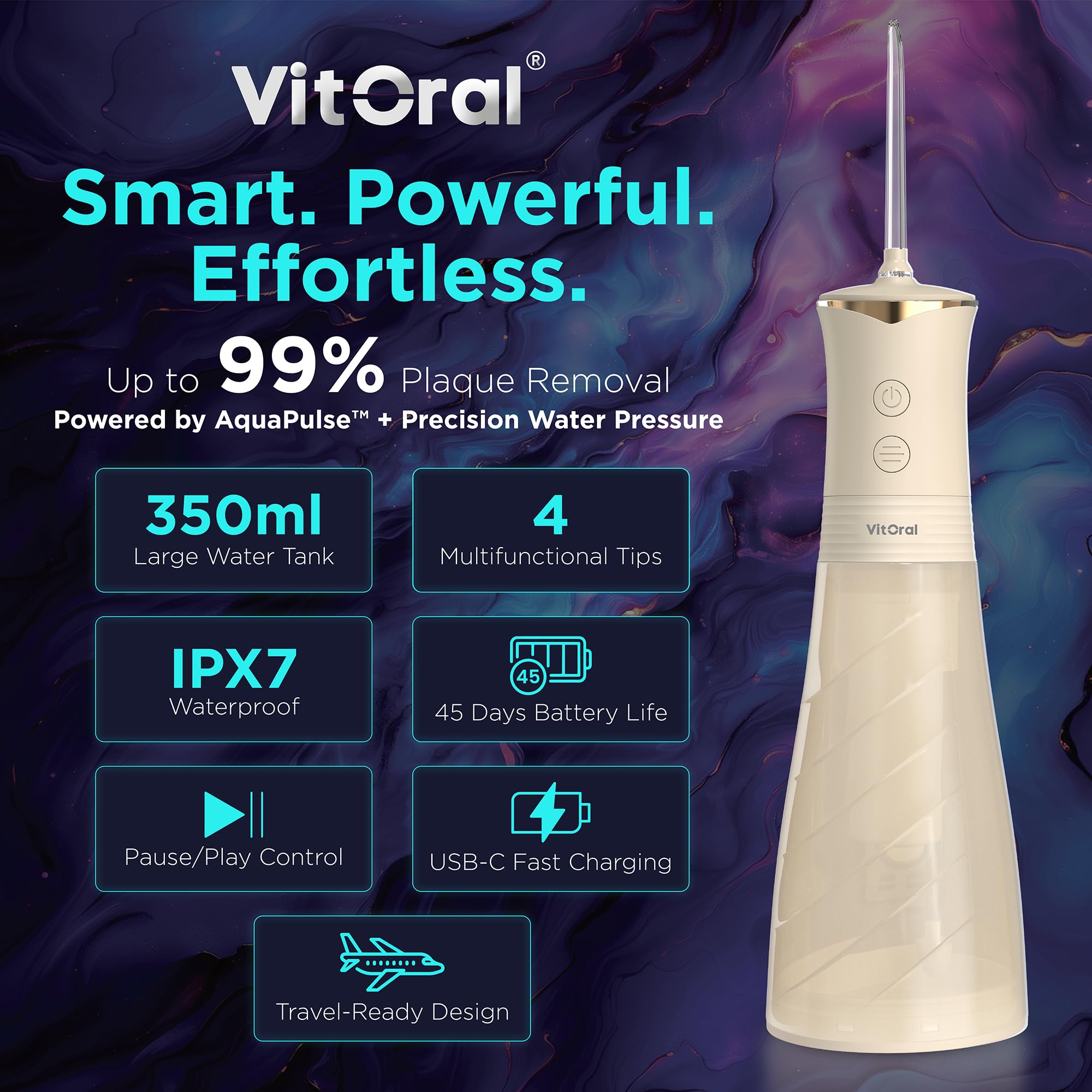 Idropulsore professionale senza fili per la salute di denti e gengive, irrigatore orale impermeabile IPX7 e rimozione della placca, getto dentale pulito in profondità con 4 modalità