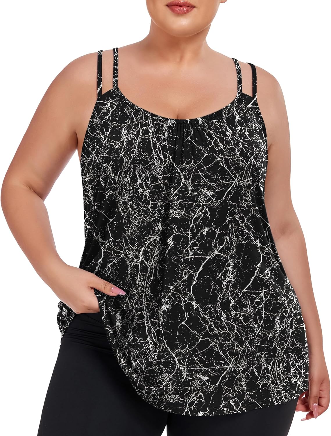 FOREYOND Women's Plus Size Tank Tops with Built in Bra Flowy Racerback Camisole Tops Casual Loose Pleated Summer Shirts