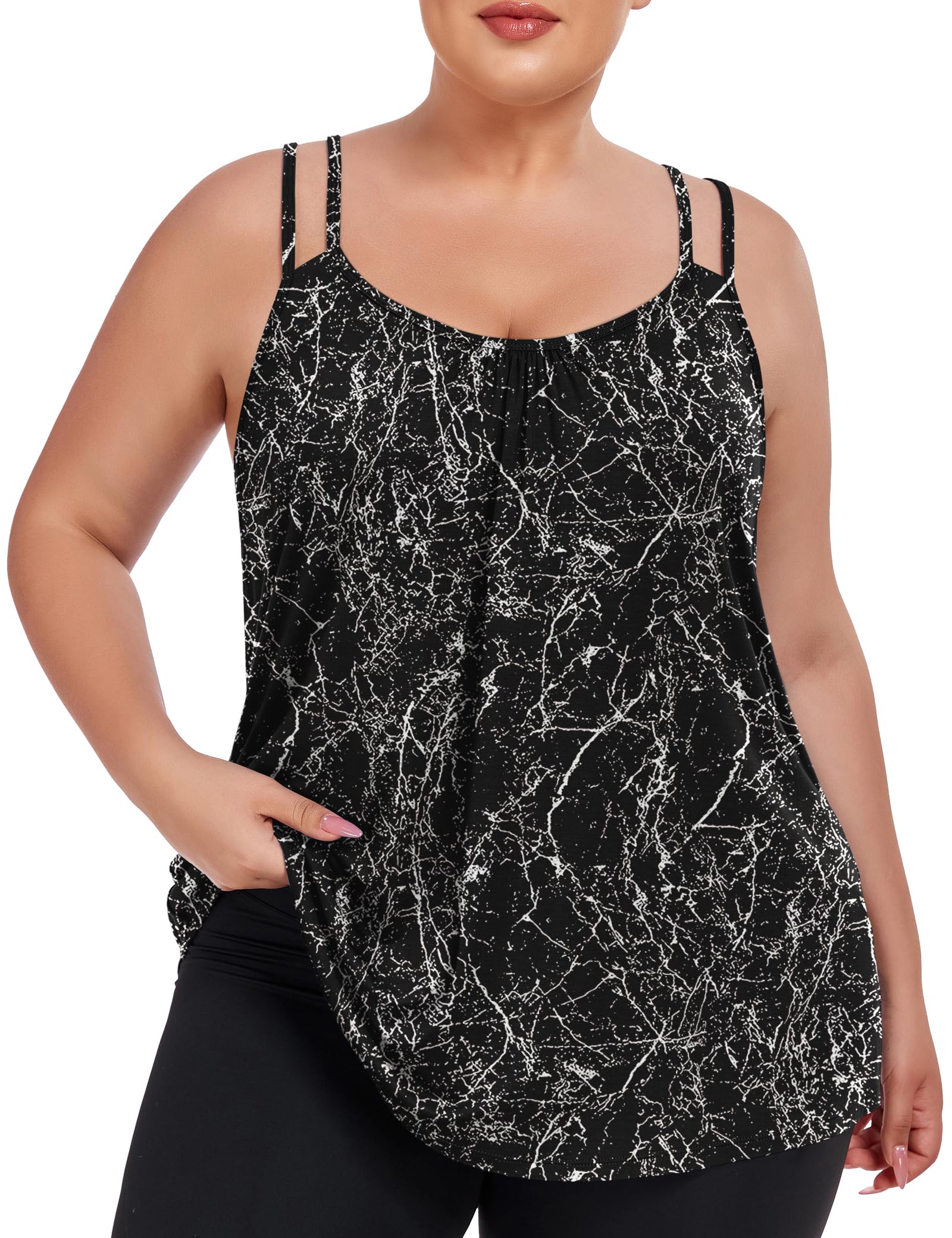 FOREYOND Women's Plus Size Tank Tops with Built in Bra Flowy Racerback Camisole Tops Casual Loose Pleated Summer Shirts