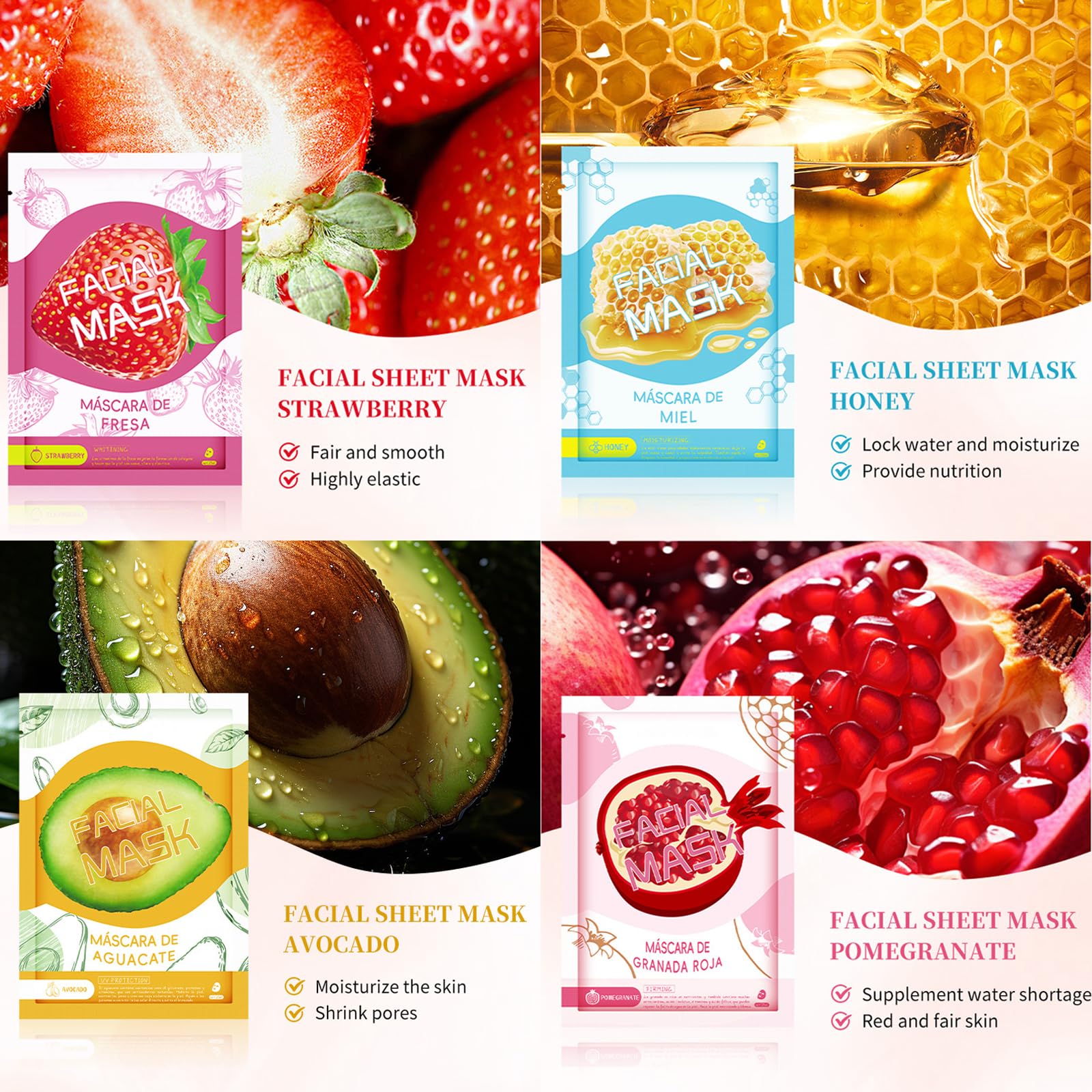 10 Sheet Face Mask Set, Face Masks Skincare, Fruit Plant Sheet Mask Brighten Hydrating Smoothing and Improve Dullness - Image 2