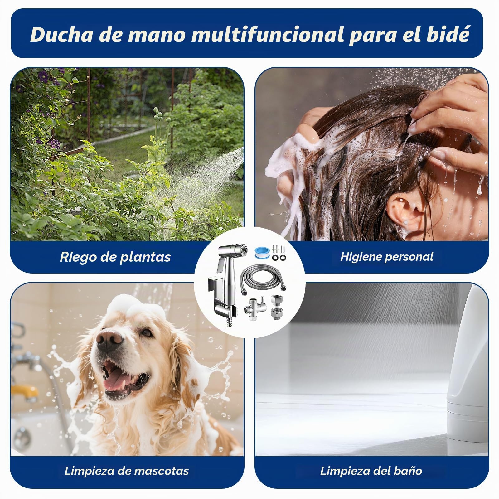 Set de Ducha Bidé de Mano, Pulverizador de Bidé de Mano con Válvula en T G1/2" y Adaptador de Inodoro G3/8", Manguera de 150 cm, Cabezal de Ducha para Pañales y Baño de Mascotas