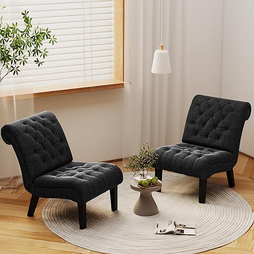 Miniatura 10 de Alunaune Juego de 2 sillas de sala de estar, modernas, tapizadas sin brazos, para dormitorio, sofá, respaldo de tela, reclinable, patas de madera,