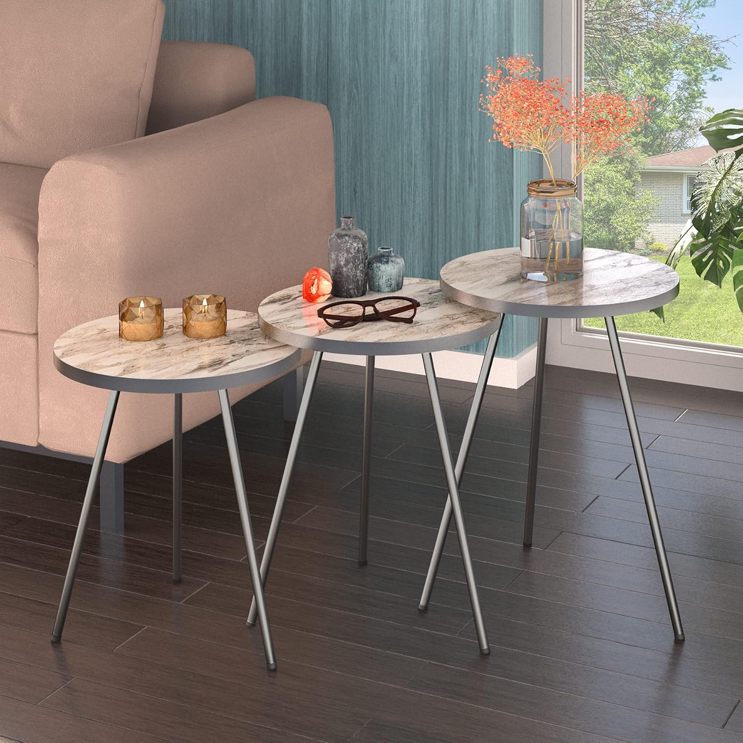 Set of 3 Nesting END Tables - Sunrise Round Stacking Coffee Side Tables for Small Spaces, Nightstand Bedside Table for Living Room, Bedroom, Balcony, Office NO-Tools Assembly (White Marble/Gray) : Home & Kitchen