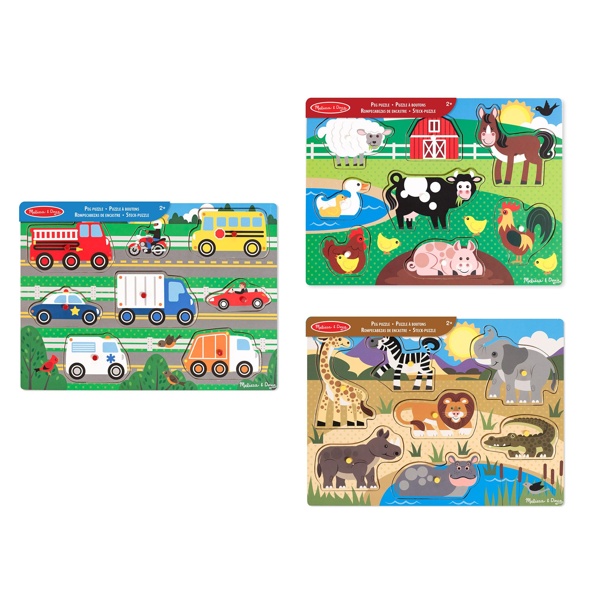 Melissa & Doug Set di 3, Puzzle con Pioli in Legno - Animali della fattoria, Safari e Veicoli, Giochi in legno, Giocattoli per lo sviluppo, 3+, Regalo per bambini e bambine