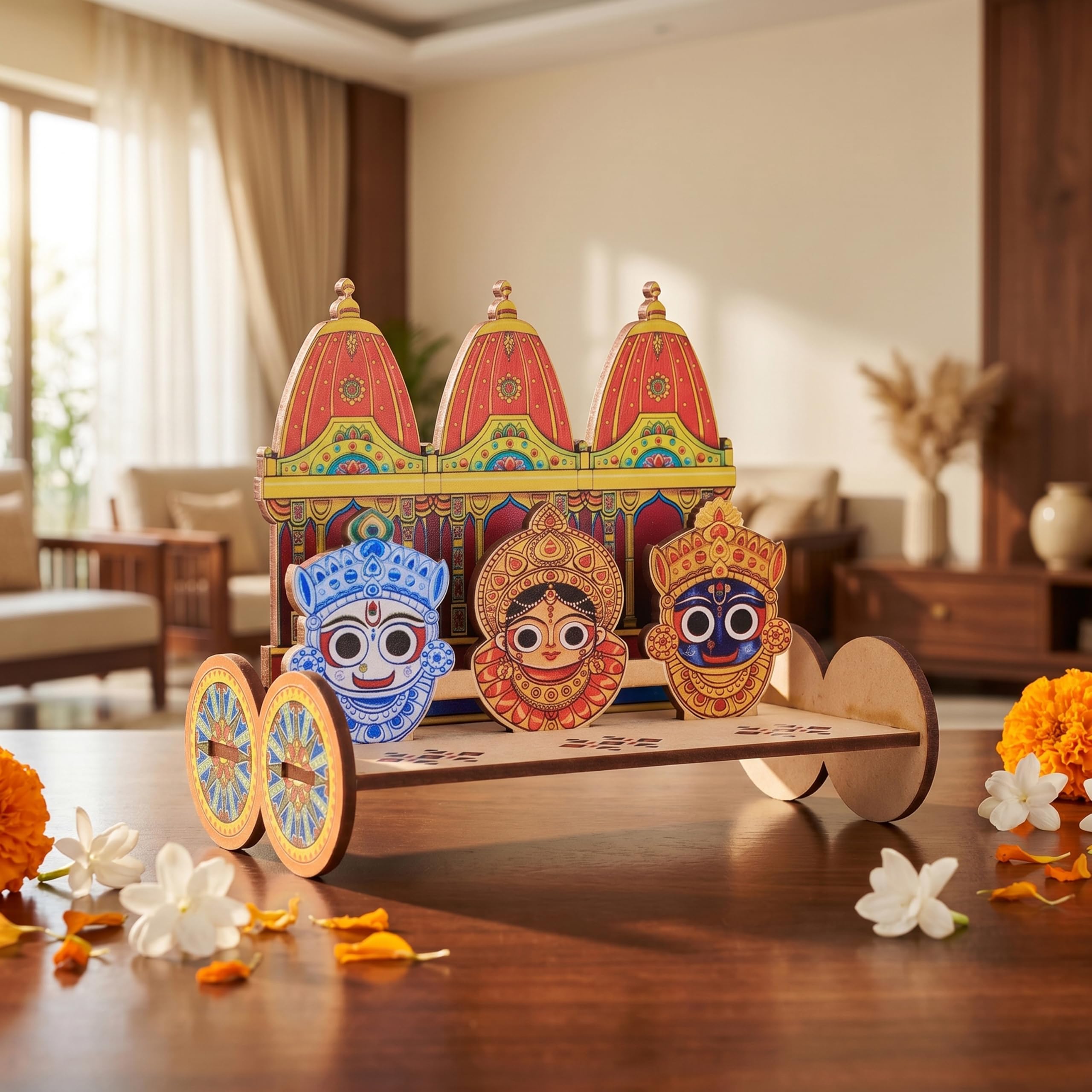 Cycle Pure Navin Miniature Jagannath Rath - 2 Wheels | Handcrafted Wooden Chariot Showpiece with Jagannath Balabhadra Subhadra Idols | Rath Yatra Decor for Home Temple, Puja & Festive Gifting (14 cm)-image-46