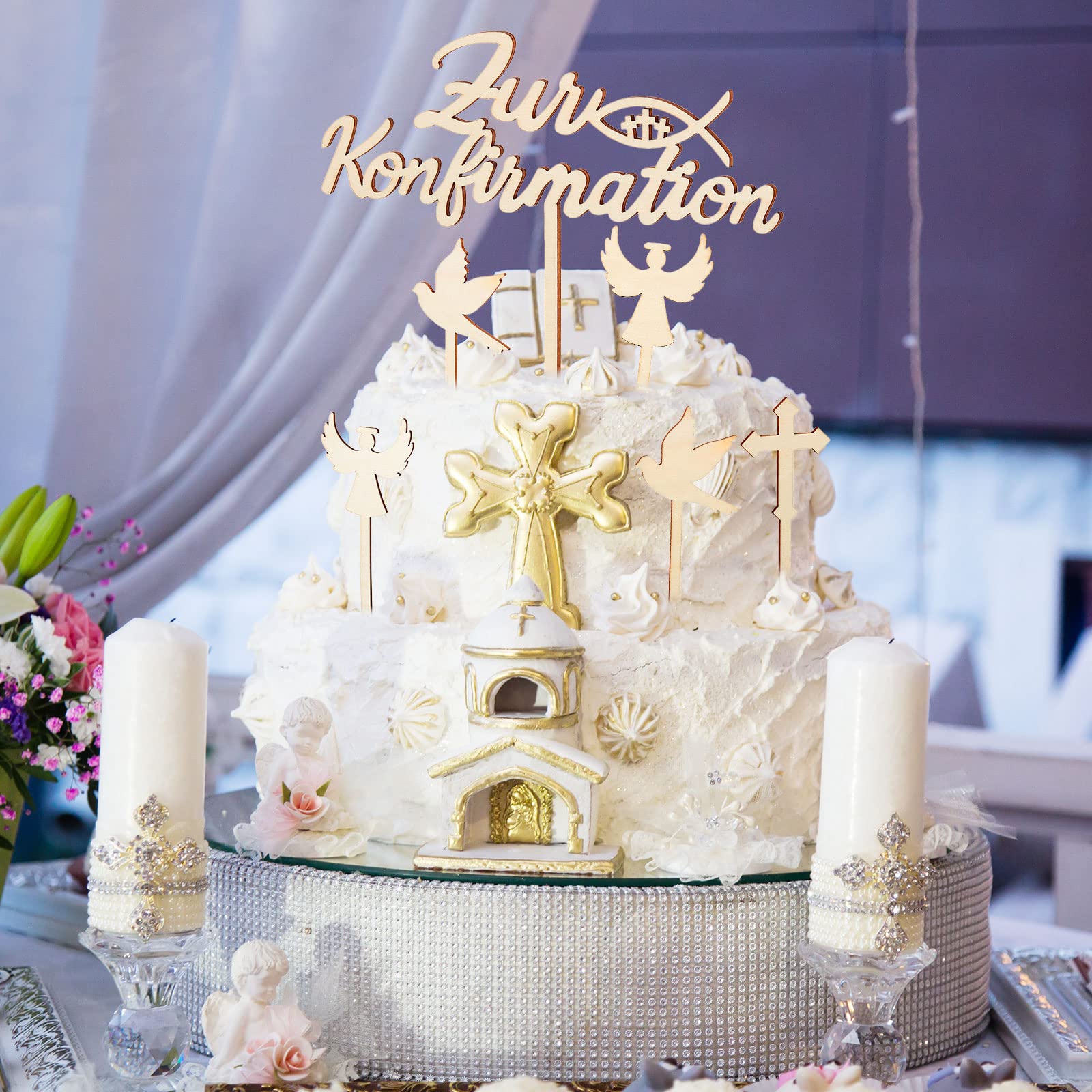 7 Topper Per Torta In Legno - Comunione, Cresima, Battesimo - Decorazioni Con Croci, Pesci E Uccellini