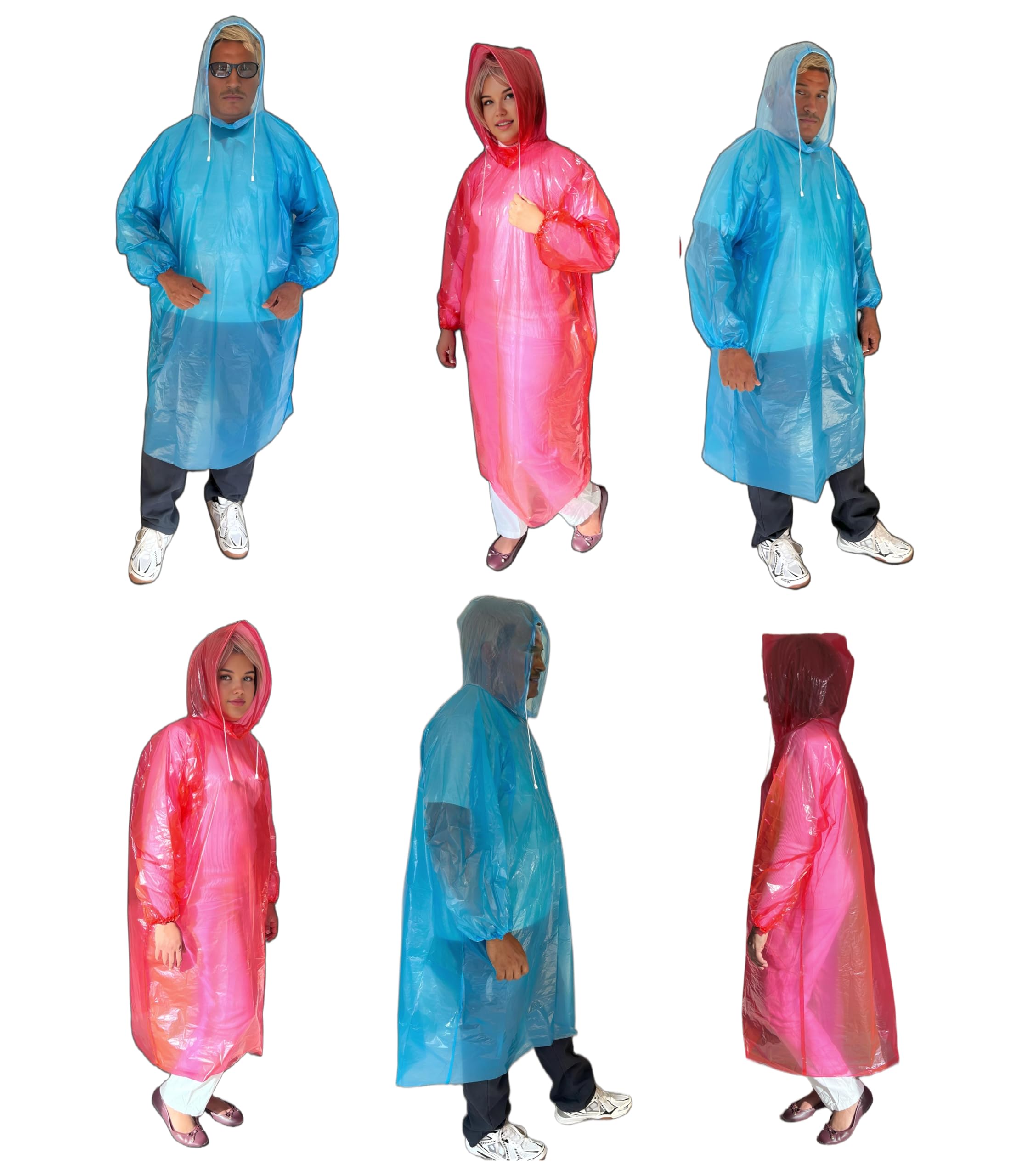 Start And Drive Ltd Unisex Mix (3 Blue + 3 Red ) Poncho Rain Coat Long Sleeve Waterproof Plastic Adult Size Disposable Ponchos With Hoods Emergency Raincoats (Uk, Alpha, One Size, Regular, Regular, Mix (3 Blue + 3 Red))