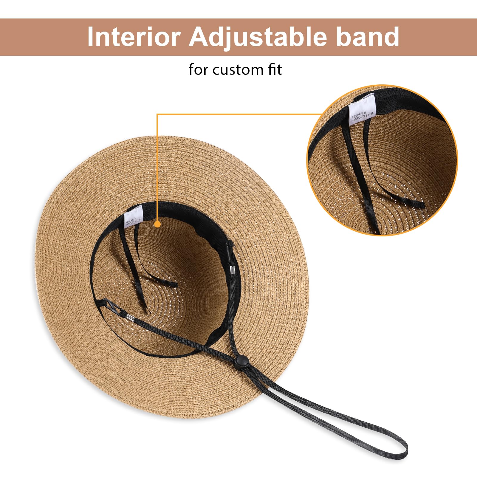 Beach Sun Hats for Women - Wide Brim Straw Womens Summer Hat with Wind Lanyard Roll Up, Foldable Beach Hat UV Protection
