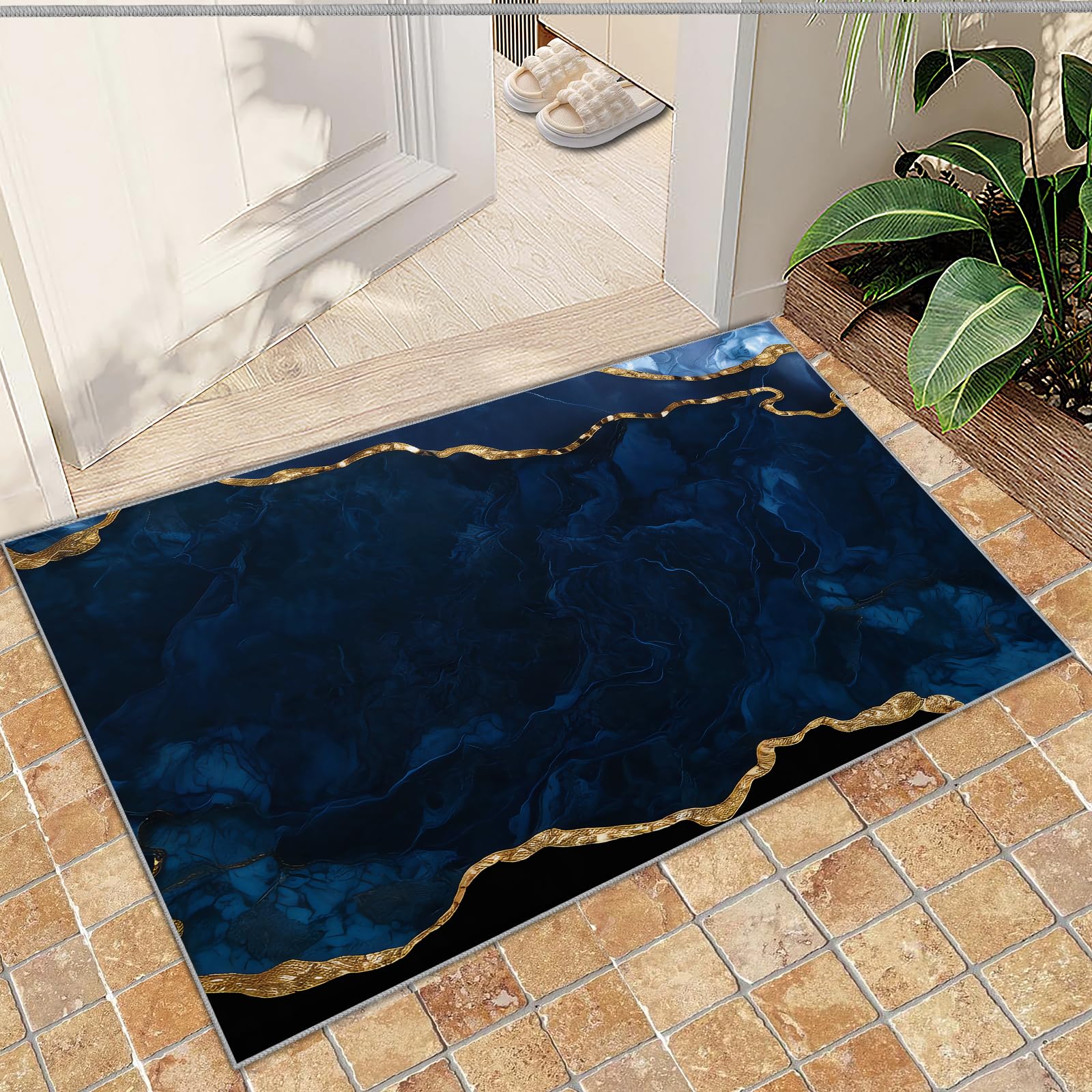 QDJKBL Entrance Rug 60 X 140 Cm Navy Blue Abstract Marble, Golden Yellow Curved Crack Stripes Doormats, Entrance Carpet Fine Fluff for Entryway