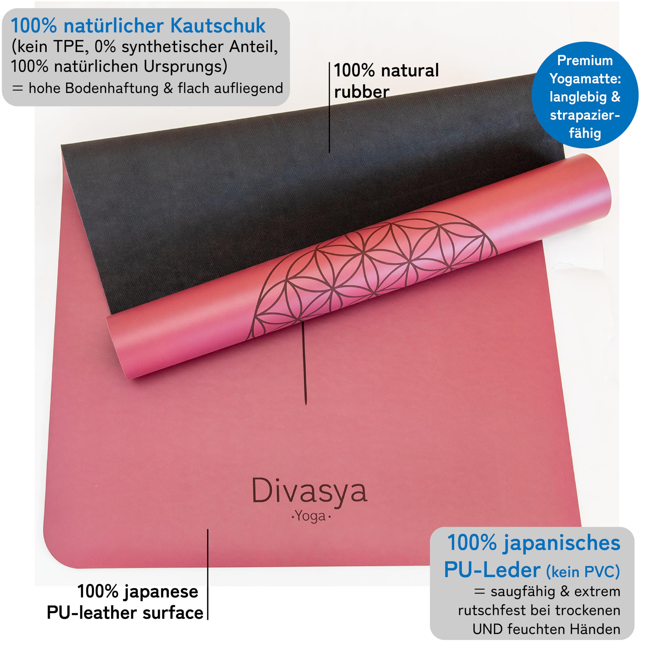 Premium Yogamatte rutschfest: Naturkautschuk rutschfest & japanische professional grip Oberfläche | 185x68x0,45cm | Tragegurt | 4,5mm dicke Yoga Matte rutschfest