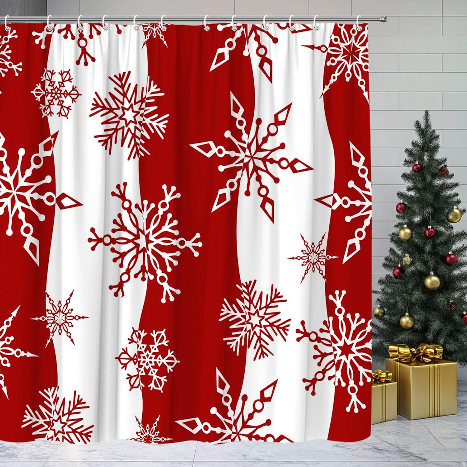 Christmas Snowflake Shower Curtain Purple White Snowflake Winter Holiday Fabric Bathroom Decor Set with Hooks,(70" Wx74.8 H)